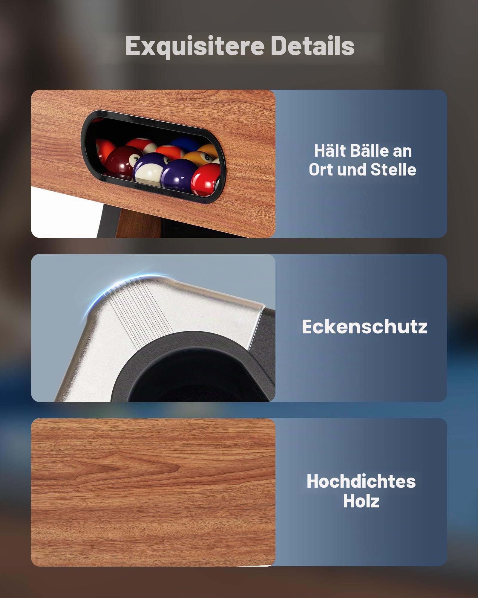 VEVOR Billardtisch 244 cm mit Holzoberfläche, moderner Spieltisch mit verstellbaren Füßen, komplettes Set inkl. Bällen/Queues/Ständer/Kreide/Bürste, für Spielzimmer Freizeiträume Blau