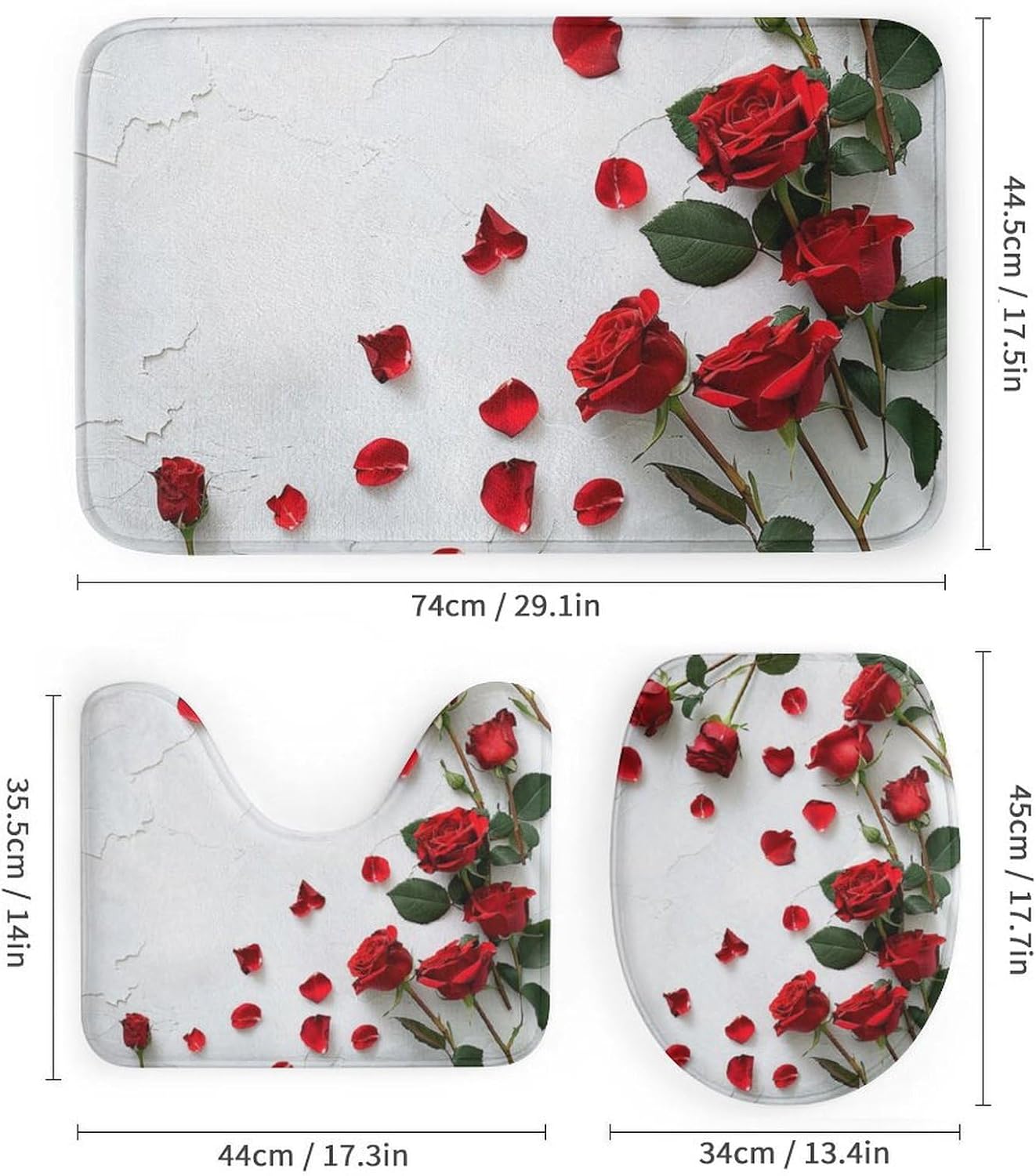 Rustic Beautiful Roses Shower Curtain Sets with Toilet Lid Cover And Rugs, Colorful Flower Petals Pictures Bathroom Decor Set with Rug U Shape Mat, Waterproof Shower Curtain with 12 Hook 4Pcs