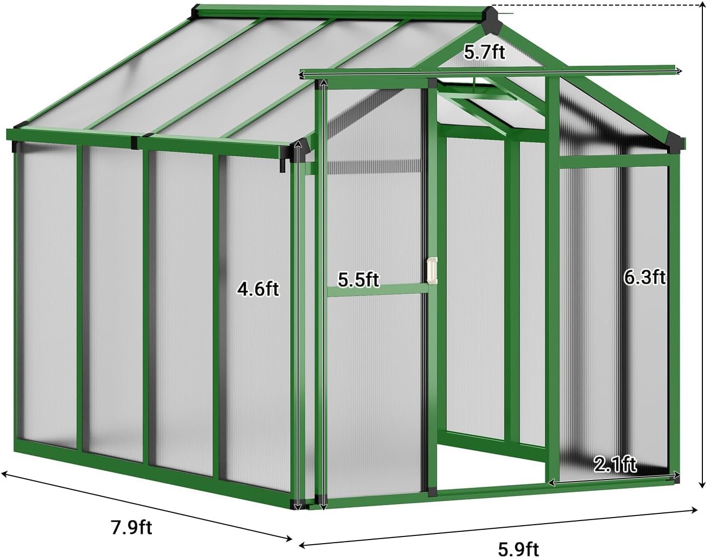 6X8 FT Greenhouse for Outdoors, Walk-in Greenhouse Kit with Aluminum Frame, Polycarbonate Panels, Adjustable Roof Vent, Sliding Door, Secure Lock for Outside Garden, Patio, Backyard