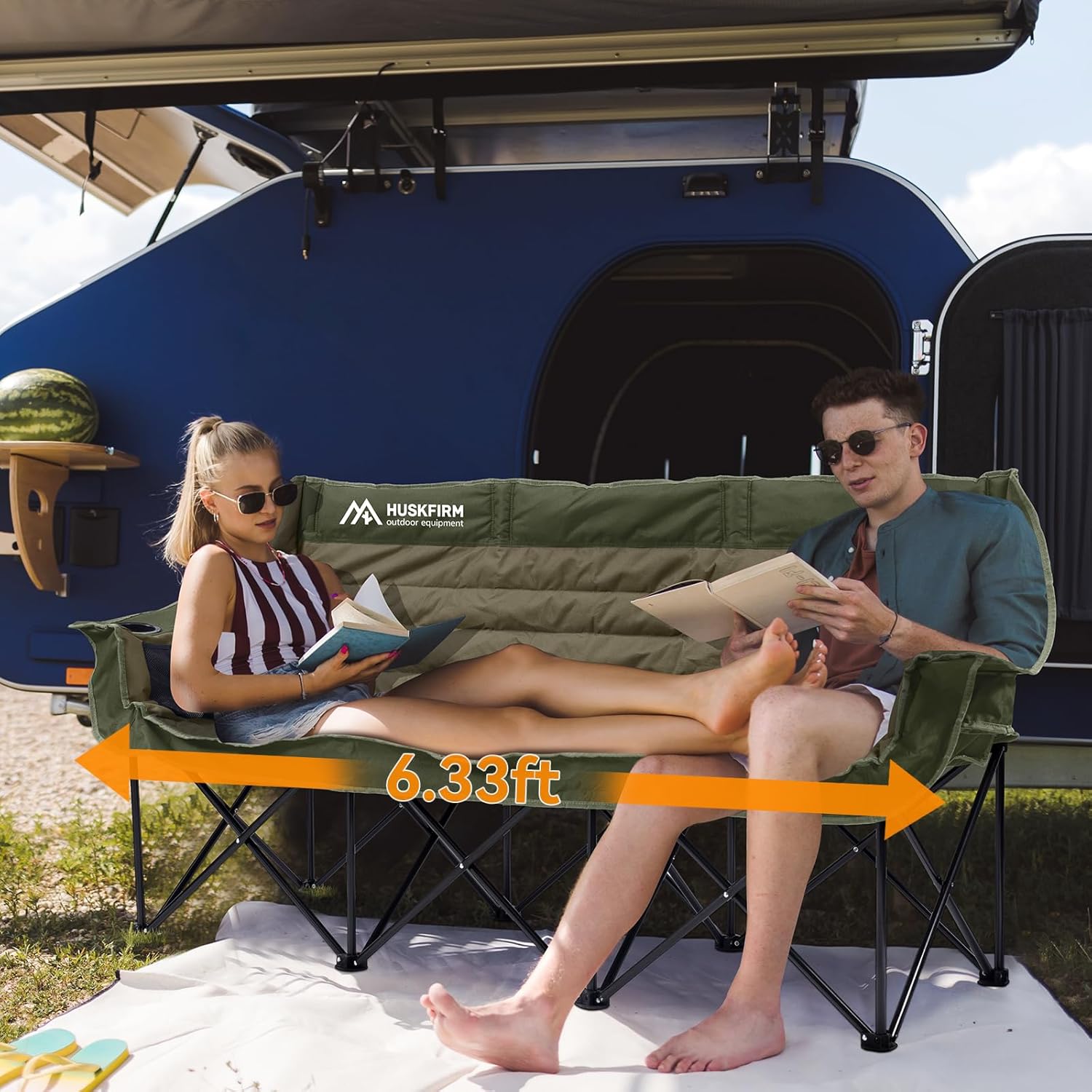3 Person Camping Chairs Folding Double Camping Chair Portable Oversized Loveseat Padded Camp Chair Heavy Duty Camping Couch for Adults Outdoor Lawn with Two Cup Holders and Carry Bag Green - Image 4