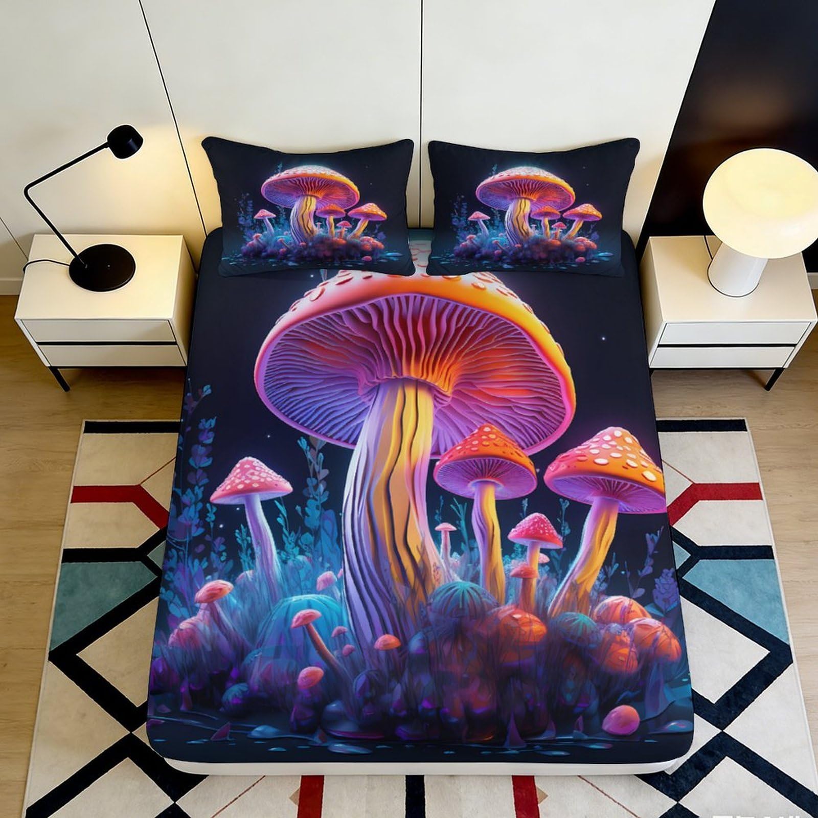 Pnayamiorkfel Style-2 3D Printed Neon Mushroom Fitted Sheet Microfiber Bedroom Decor Psychedelic Forest Mattress Cover For Home Dorm 90X200x25cm