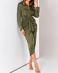 BTFBM Women Long Sleeve Satin Dress 2026 Summer Spring Lapel V Neck Button Down Belted Elegant Ruched Maxi Shirt Dresses