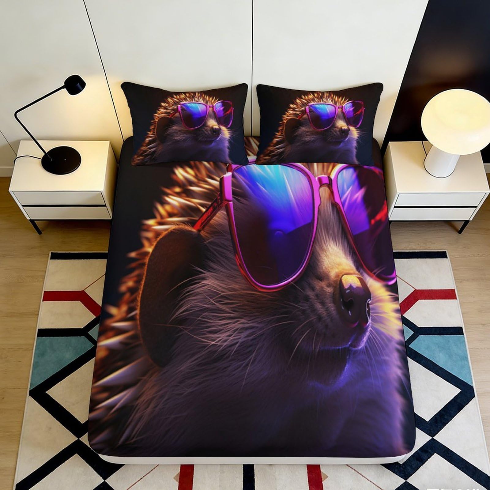 3D Printed hedgehog sunglasses Fitted Sheet, Microfiber soft touch, wrinkle resistant, guest room bedding, easy care bed decor 90x200x25cm