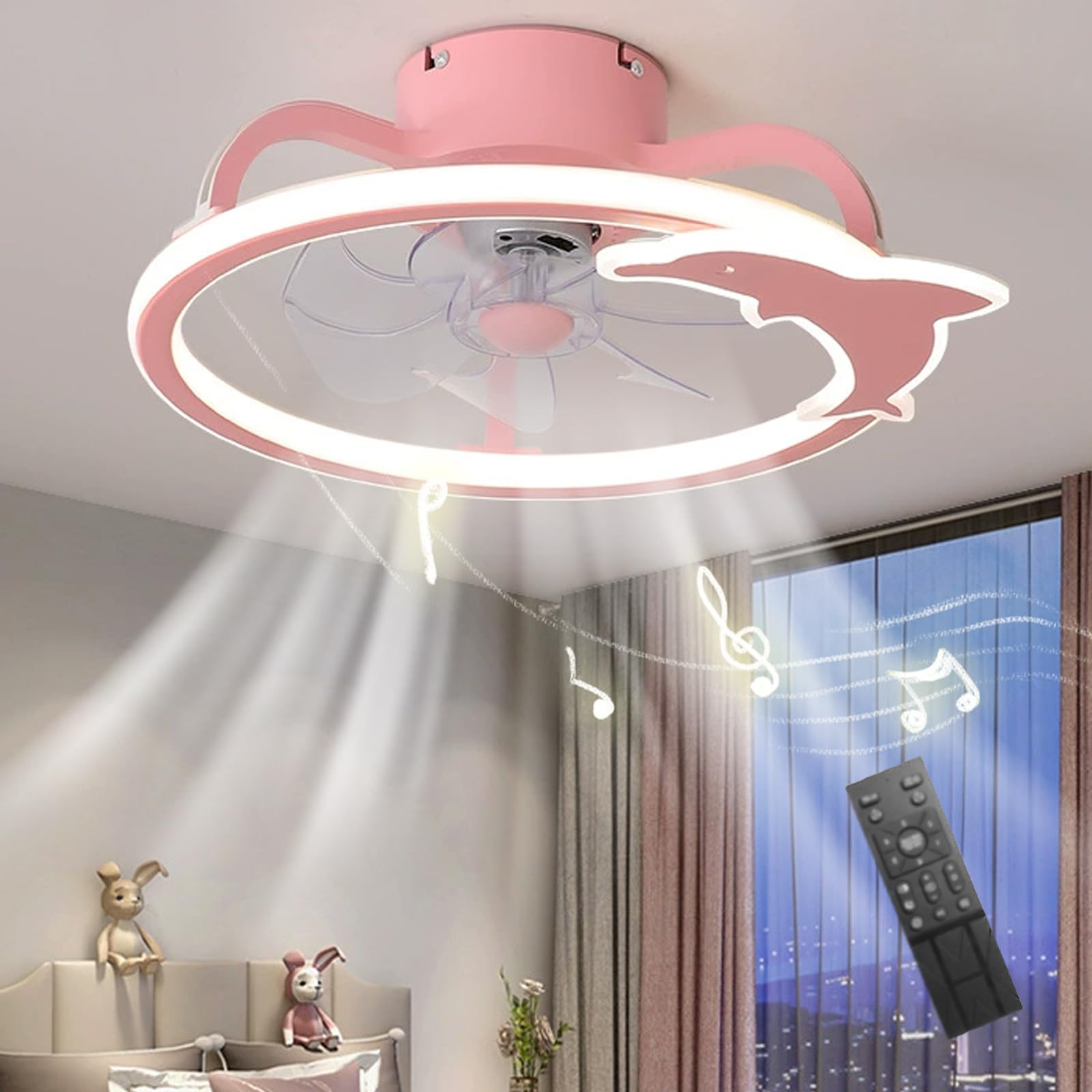 SXDMOUBK Dolphin Modelling Dimmable Kids Ceiling Fan with Light and Remote, Modern Kids Bedroom Ceiling Fans with Lamps, Smart Silent LED Ceiling Fans with Lights with Bluetooth Speaker-Pink