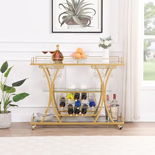 Miniatura 5 de Gold Bar Carts with Glass Holders & Wine Rack,3 Tier Home Bar Serving Carts with Glass Shelves,Metal Rolling Bar Carts for The Home Kitchen, Party