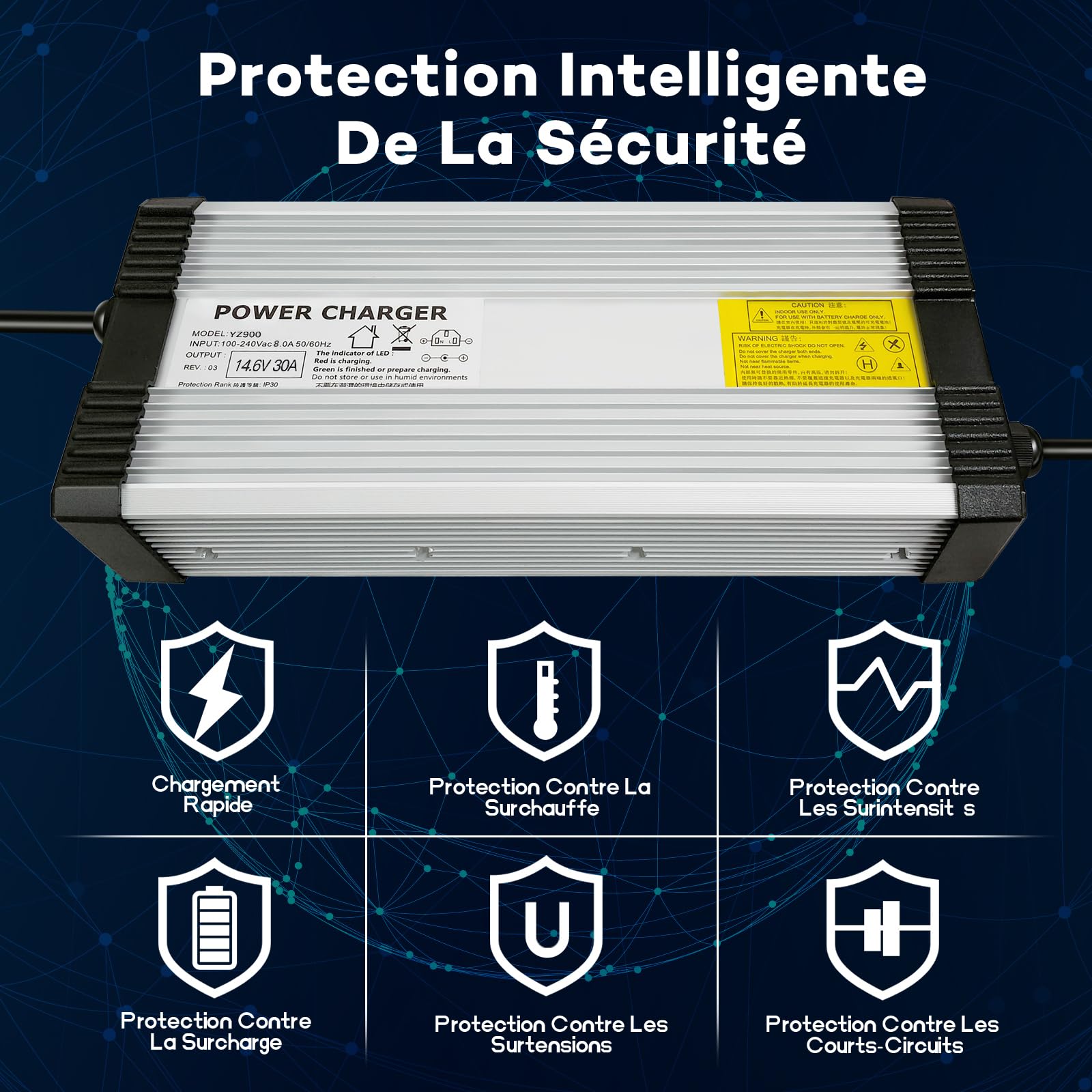 Chargeur Batterie LiFePO4 14,6V 30A avec Pinces Crocodile – Chargeur Haute Puissance pour Batterie Lithium 12V, Système Solaire et Usage Intensif