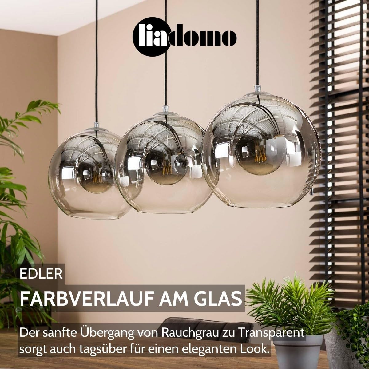 Pendelleuchte Boise, 3-flammige Hängelampe Rauchglas, Esszimmer | Industrial, Küche, Wohnzimmer, 3 x Ø29 cm, exkl. E27-Leuchtmittel, 115 cm Länge, höhenverstellbar bis 150 cm, Farbverlauf