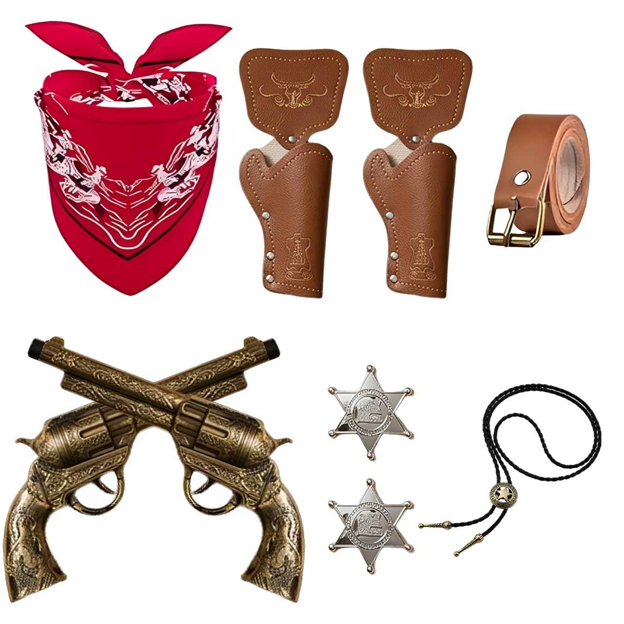 ZPSCXQ 7 Pcs Set Cowboy Accessories for Men, Cowboy Outfit with Guns and Holsters, Western Role-Play Costume Set for Themed Parties, 7-Piece Vintage Bronze and Silver Star Collection