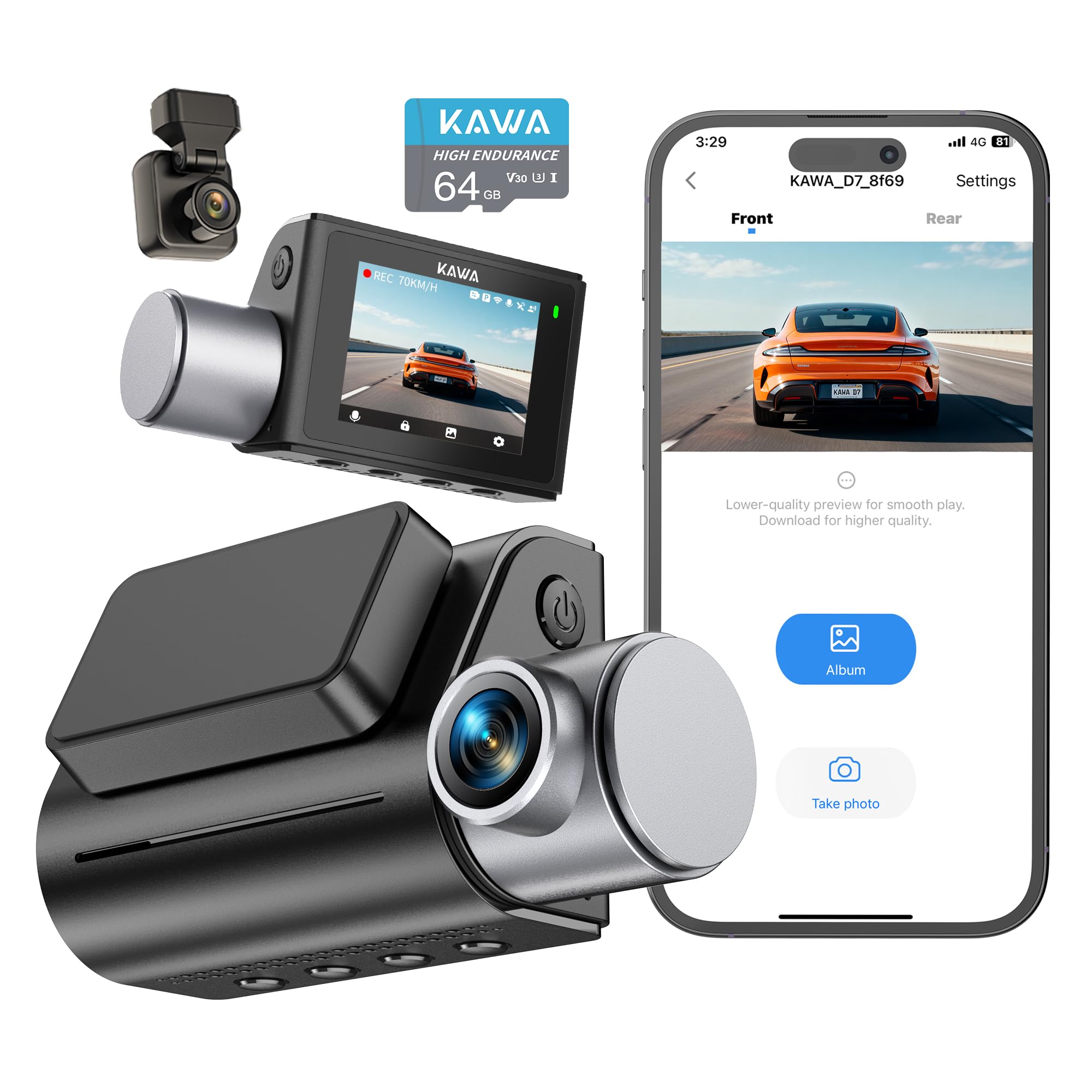 KAWA Dash Cam Anteriore Posteriore 4K,GPS,Wi-Fi 6,Controllo Vocale