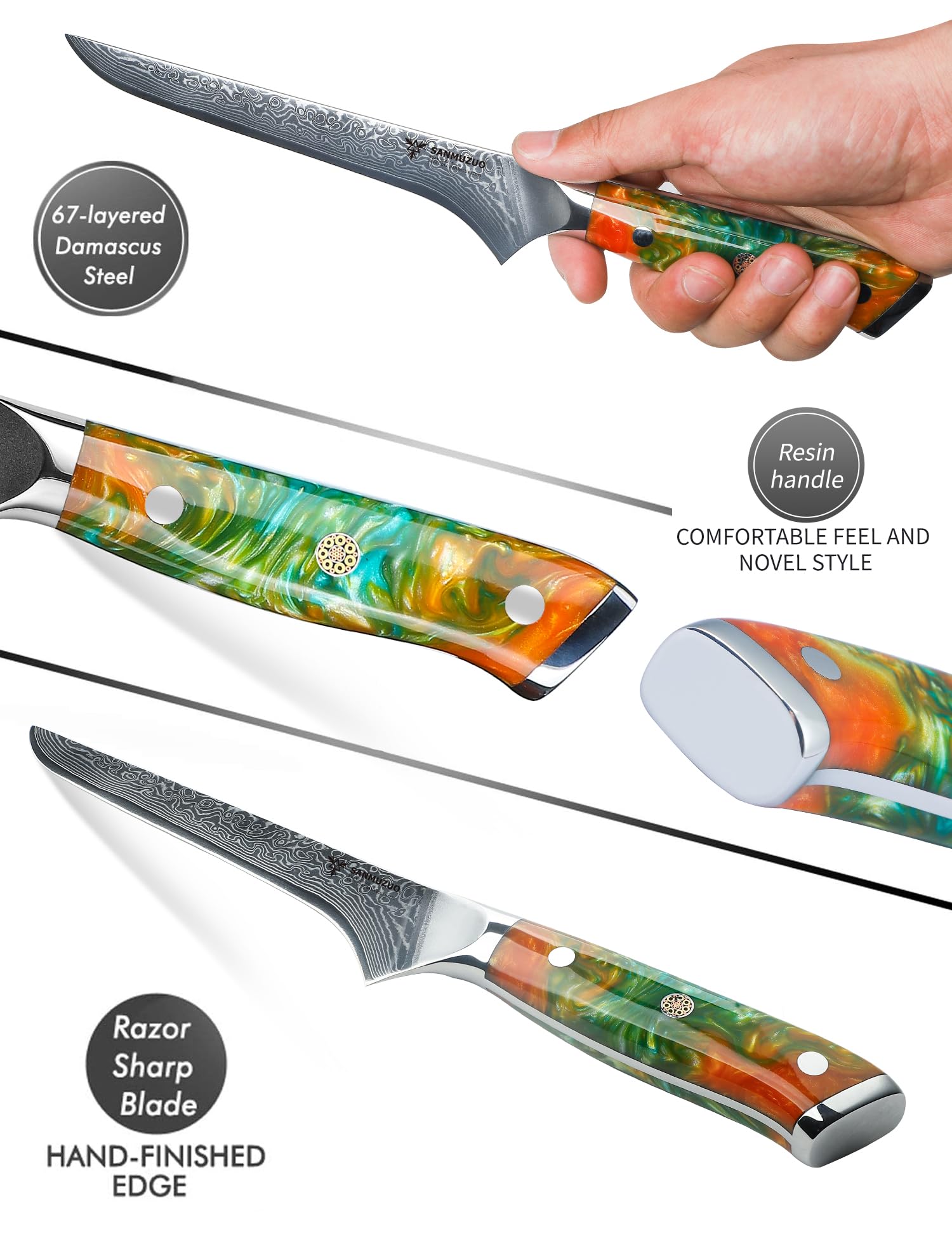 Couteau à Filet de poisson 18 cm, Couteaux de Cuisinede Chef Japonais Couteau à désosser - Acier de Damas et Manche en Résine - Série Xuan(Orange Fantastique)