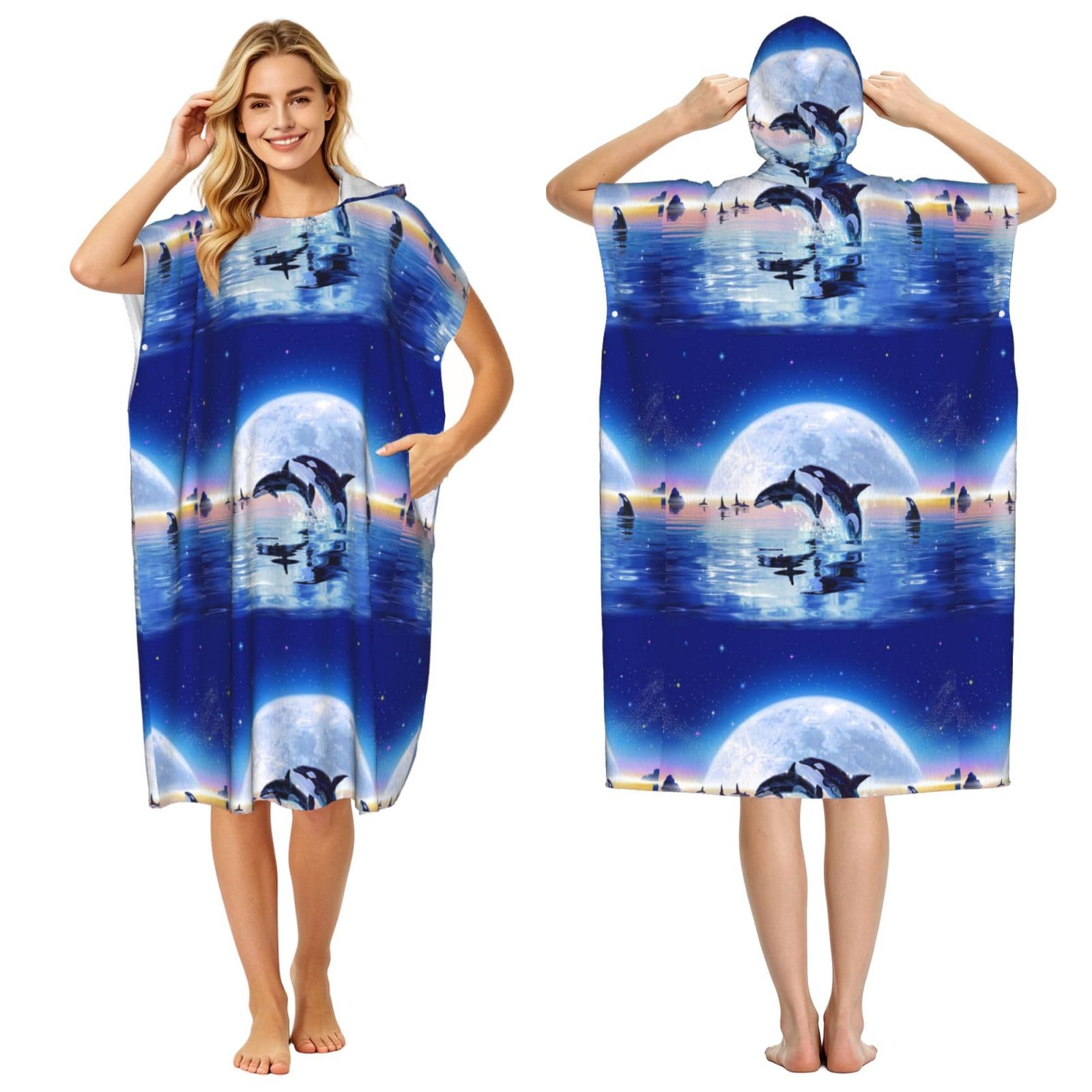 Poadnly Pod Of Orcas, Adult Hooded Beach Towel 90 x 110 cm,Changing Bath Robe, Surf Poncho Towel For Women Men