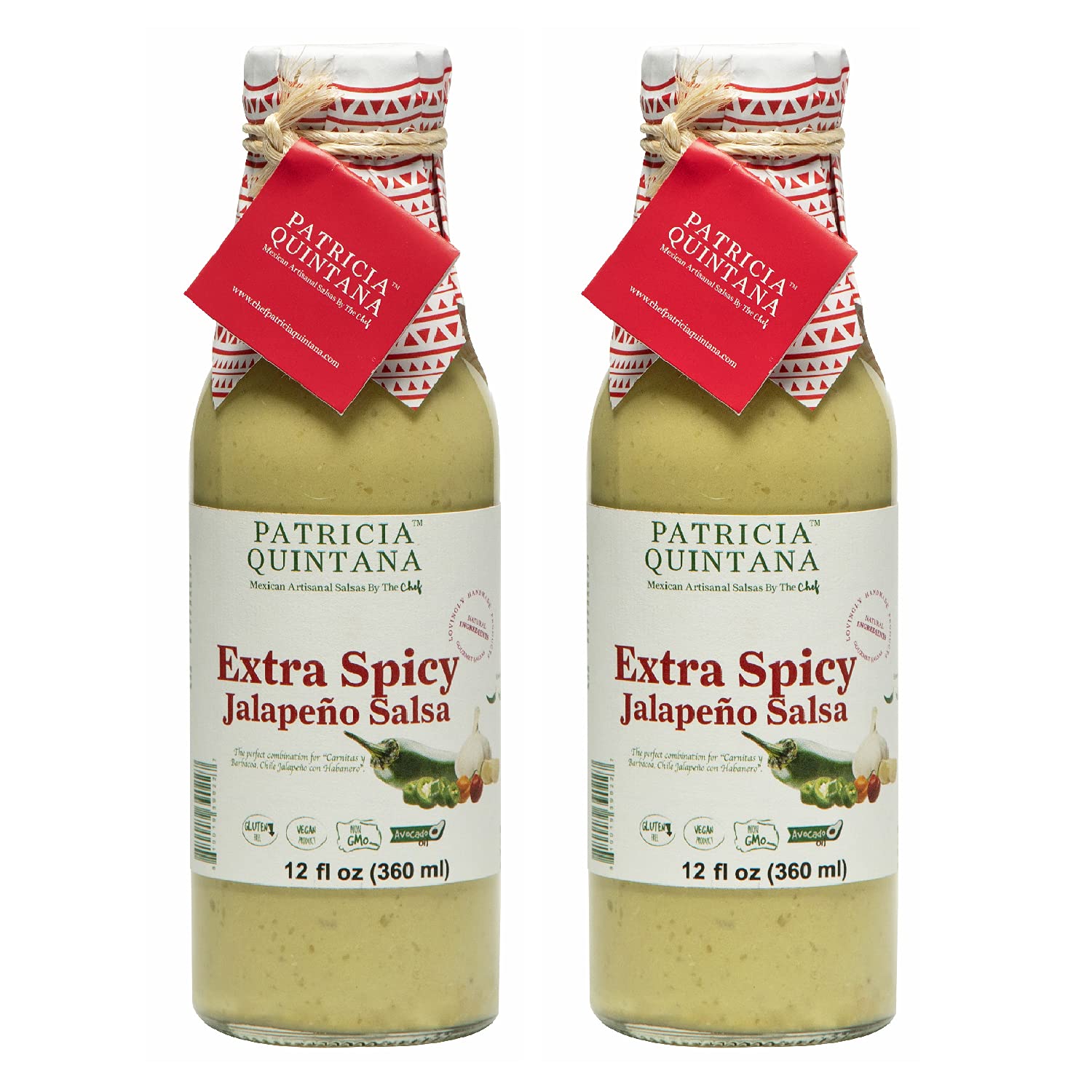 Patricia Quintana Extra spicy Jalapeño Salsa - Authentic Artisanal Mexican Ingredients - Perfect topping to your tacos, burritos, enchiladas or other favorite food (12 oz, 2 Bottles)