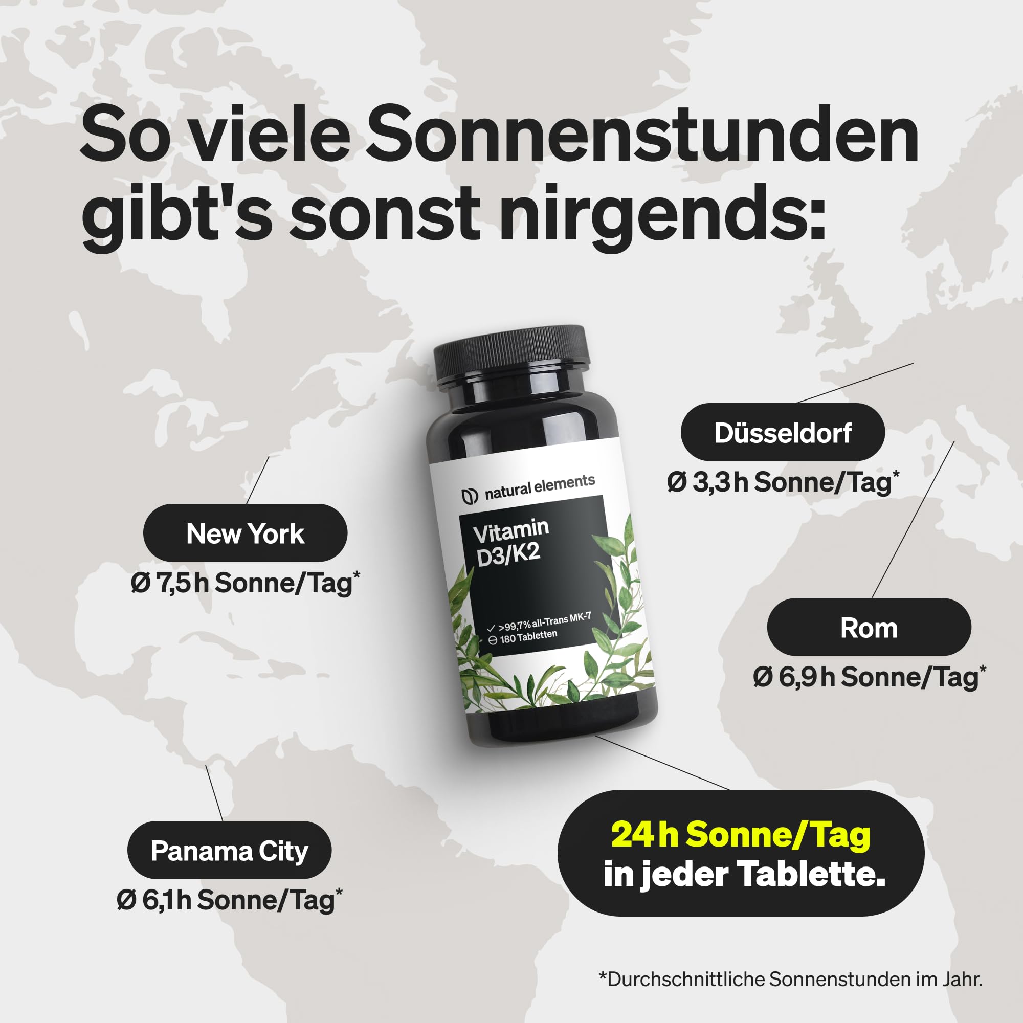 natural elements Vitamin D3 + K2 Depot – 180 Tabletten – Premium-Qualität: K2VITAL® von Kappa – 99,7+% All-Trans K2-MK7 + 5000 IE Vitamin D3 – hochdosiert, ohne Zusätze – laborgeprüfte Qualität