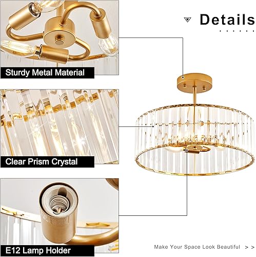 Miniatura 7 de Moderna lámpara de techo semiempotrada dorada con 3 lámparas de cristal de 15.75 pulgadas, iluminación de techo de cocina para sala de estar,