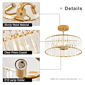 ˙˚ʚ ℳ ɞ˚˙ VIOLOEMI Modern Gold Semi Flush Mount Ceiling Light Crystal