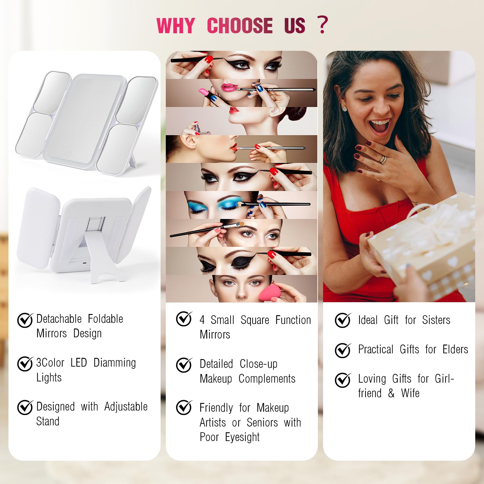 Tri-Fold Vanity Mirror with Light, Magnification and Rechargeable Design