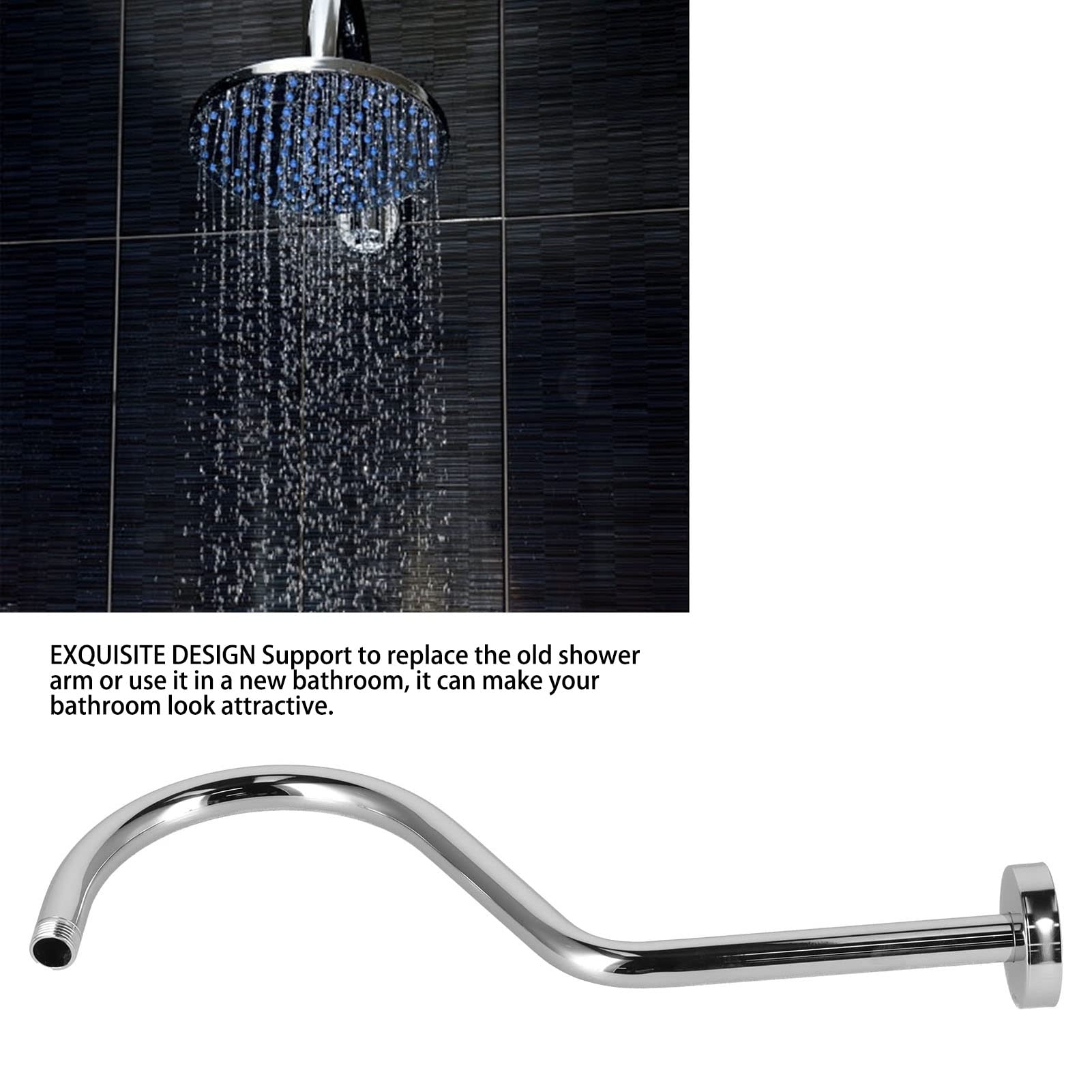 Fybida 17 Inch S Shape Shower Head High Rise Extension Shower Arm and Flange Shower Pipe Extender(Silver) - Image 2