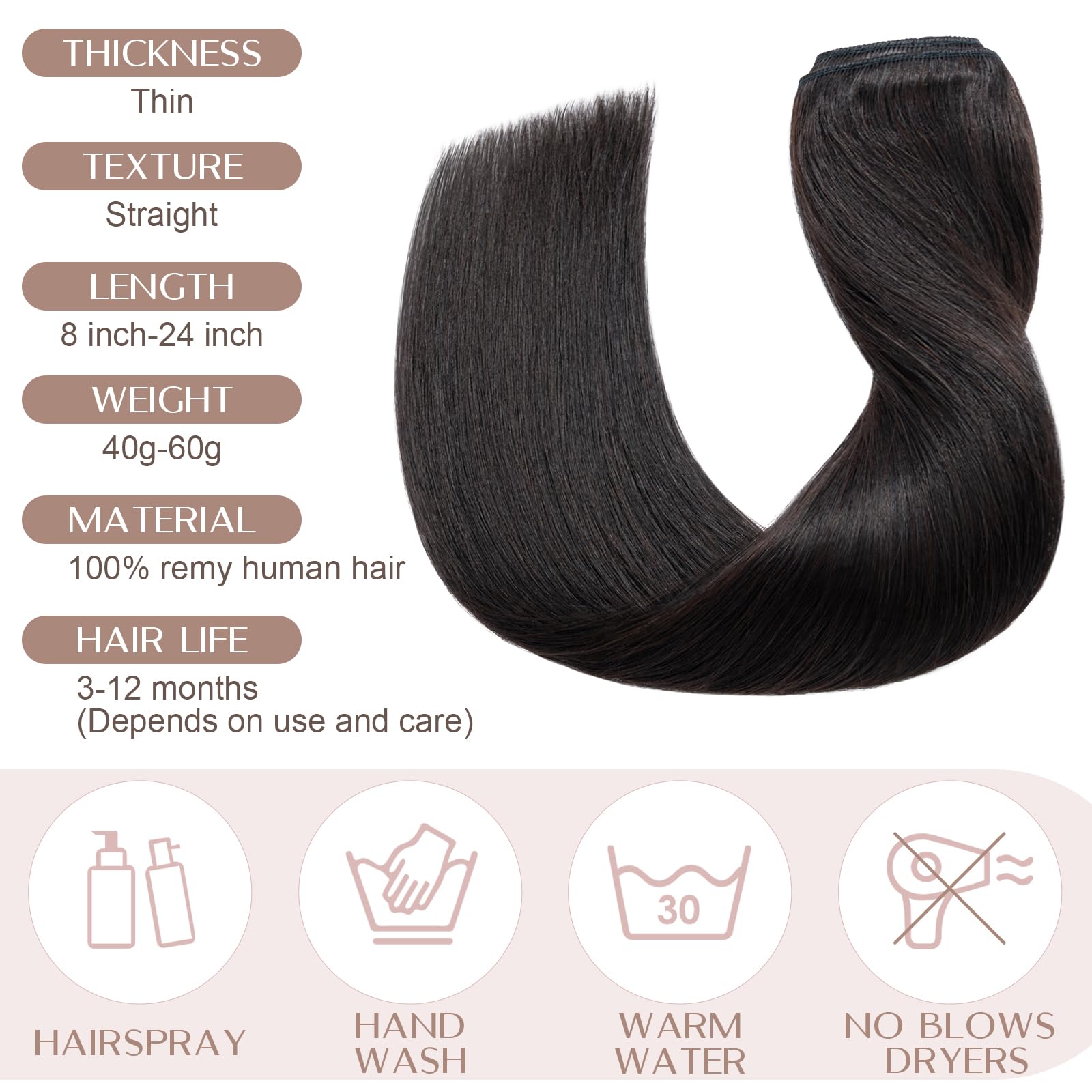20 inches SEGO One Piece Hair Extensions Clip in Human Hair [#1B Natural Black] Real Remy Hairpieces for Women 3/4 Full Head Straight Invisible (50g) — view 6