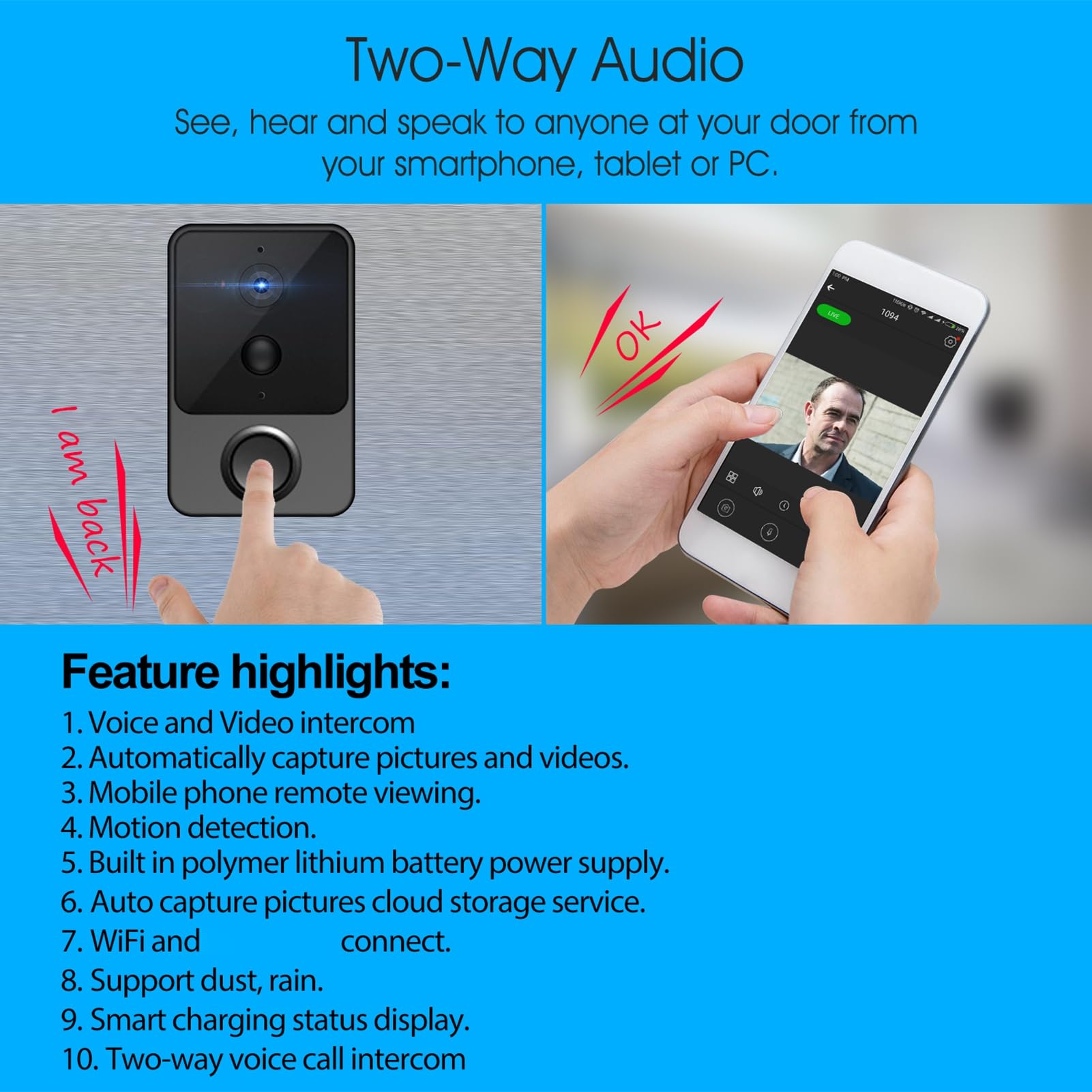 Campanello Video Intelligente Batteria da 2600 MAh 1080p 160 | Telecamera di Sicurezza Domestica, WiFi da 2,4 GHz, Batteria Ricaricabile, Audio Bidirezionale, Immagini 1080p, Custodia in
