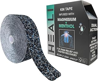 Heali Kinesiology Tape with Magnesium and Menthol, Bulk Roll, 115ft x 14in, Uncut K Tape, Knees, Back, Physical Therapy Sports Tape for Muscle and Joint Pain Relief, Water Resistant, Blue Splatter