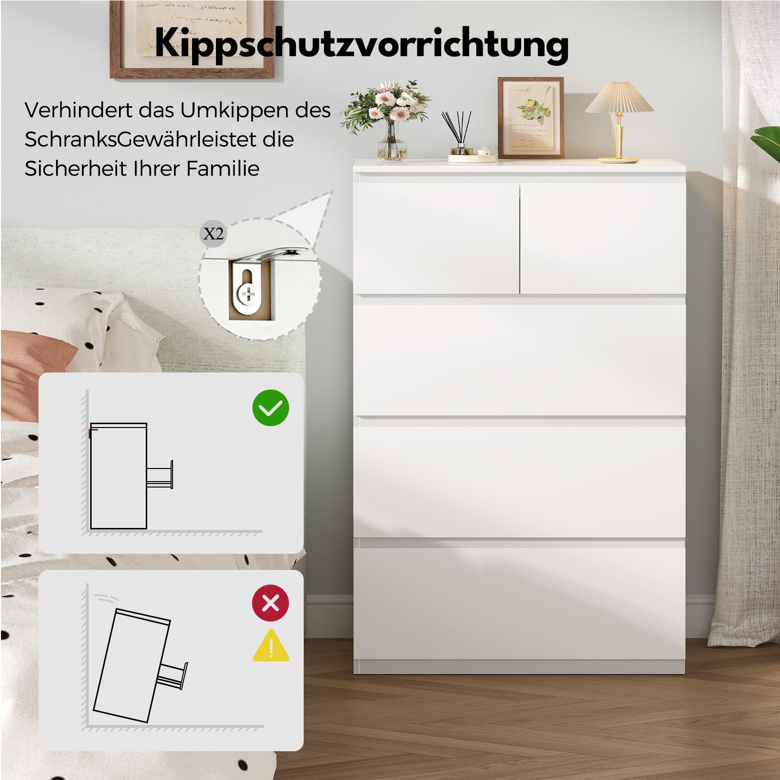 BEWISHOME Kommode mit 5 Schubladen,Kommode weiß,Kommoden & Sideboards,Schubladenschrank,Komodenschrank für Schlafzimmer,Wohnzimmer,Flur,68x38x94 cm EKCG07W