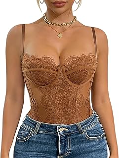 KEOYA Women's Lace Corset Bodysuit Mesh Cami Bustier Top Going Out Corset Top Date Night Club One Piece Lingerie