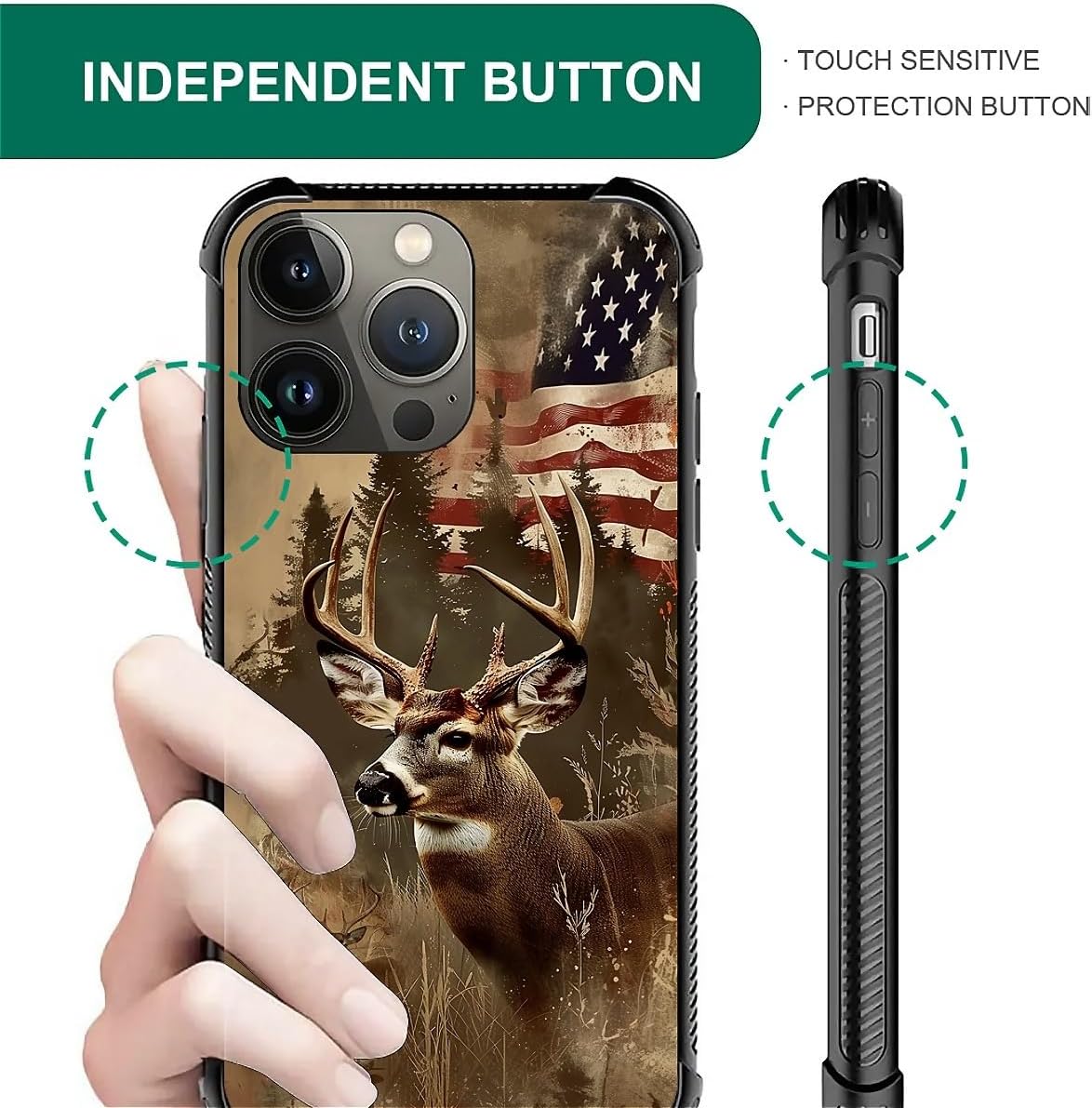 Phone Case Compatible with iPhone 14 Pro Max - Wireless Charging Compatible,S Hunting Deer Forest USA Flag TPU Bumper and Hard PC Pattern Back Case - Image 3