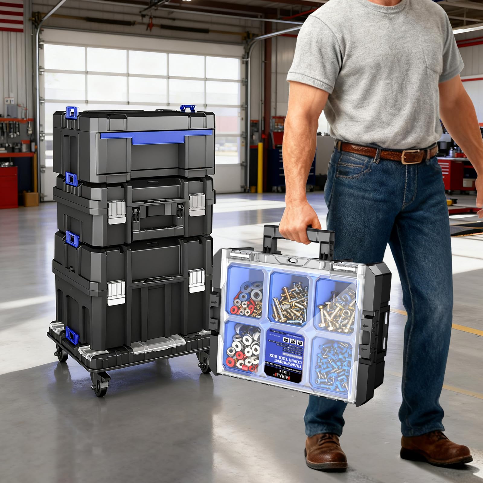 5-Lagiger Werkzeugkoffer mit Rollen,Modularer, Stapelbarer Werkzeugkoffer Leer,Tragbarer Werkzeugkiste mit Schublade,Robust und Langlebig, der Garage,Hausreparaturen und Professionelle Einsätze