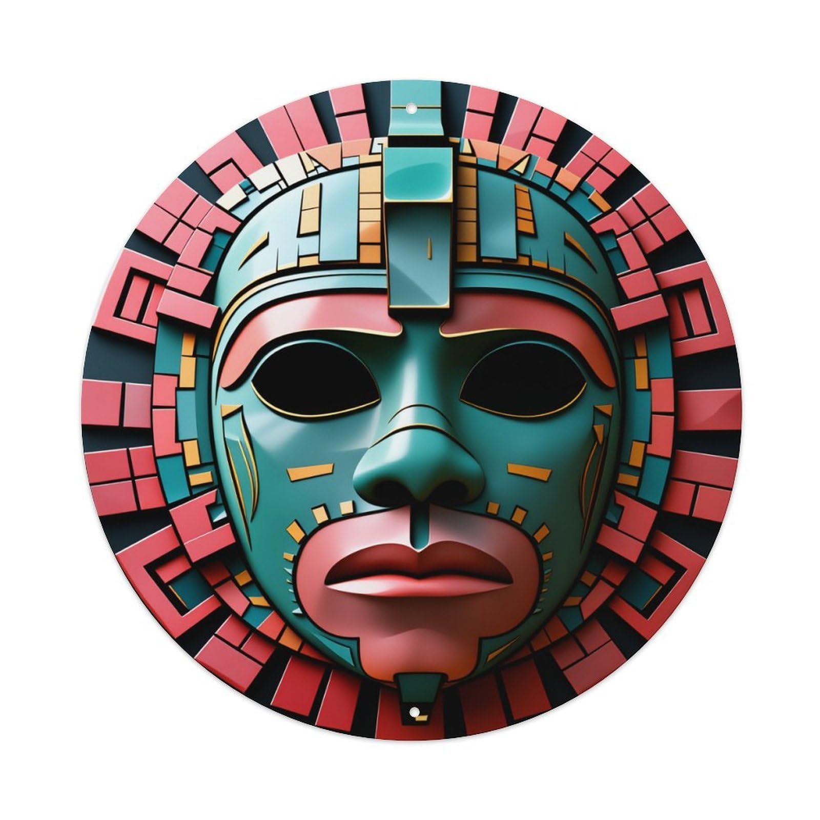 Geometric Tribal Mask Design With Vibrant Colors And Symmetrical Patterns Round Vintage Tin Sign,Retro Wall Art,Metal Poster for Home, Bar, Garage, Cafe, Rustic Indoor & Outdoor Decor, 8x8 Inches