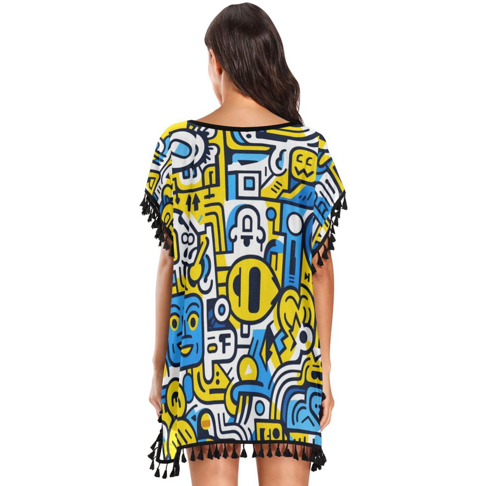 Blue Yellow Abstract Doodle Line Art Women's Beach Cover Up Chiffon Tassel Swimwear Swimsuit Coverups for Girl