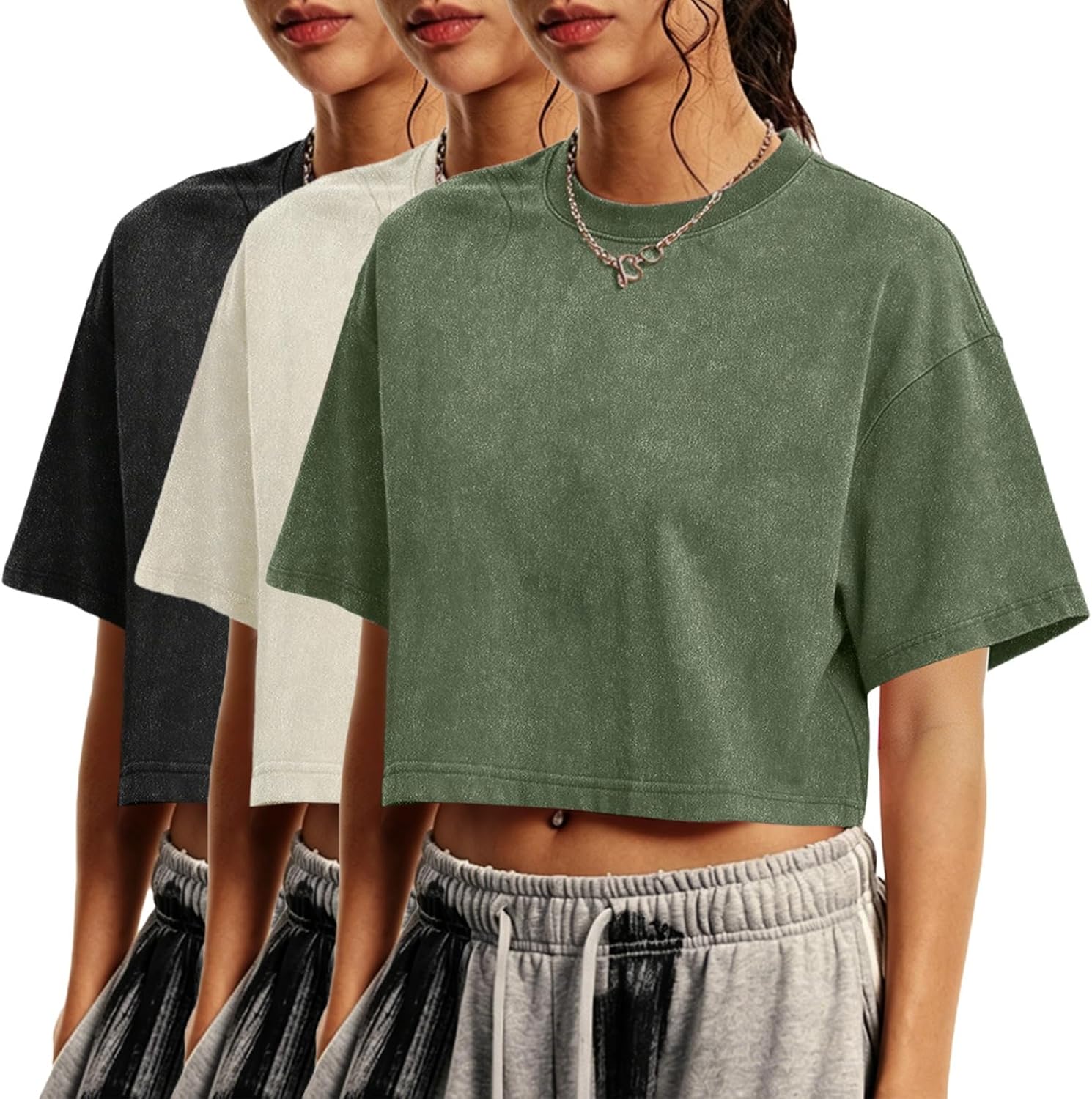 Womens Cropped Tops Acid Wash Short Sleeve T-Shirt Baggy Cotton Tee Vintage Round Neck Basic Tees Casual Shirts