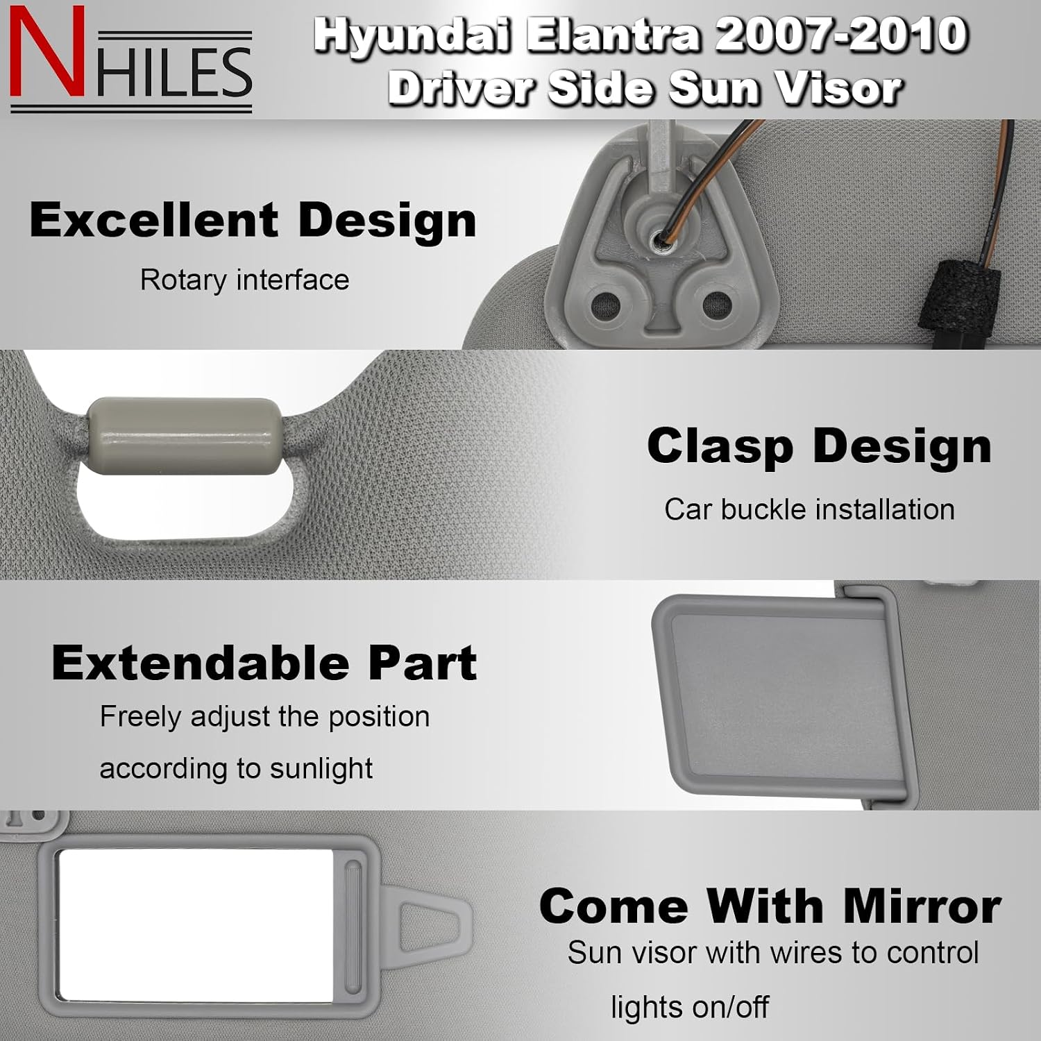 Driver & Passenger Side Sun Visor Fit Hyundai Elantra 2007-2010 with Light | Gray,85210-2H161-8M,85220-2H161-8M