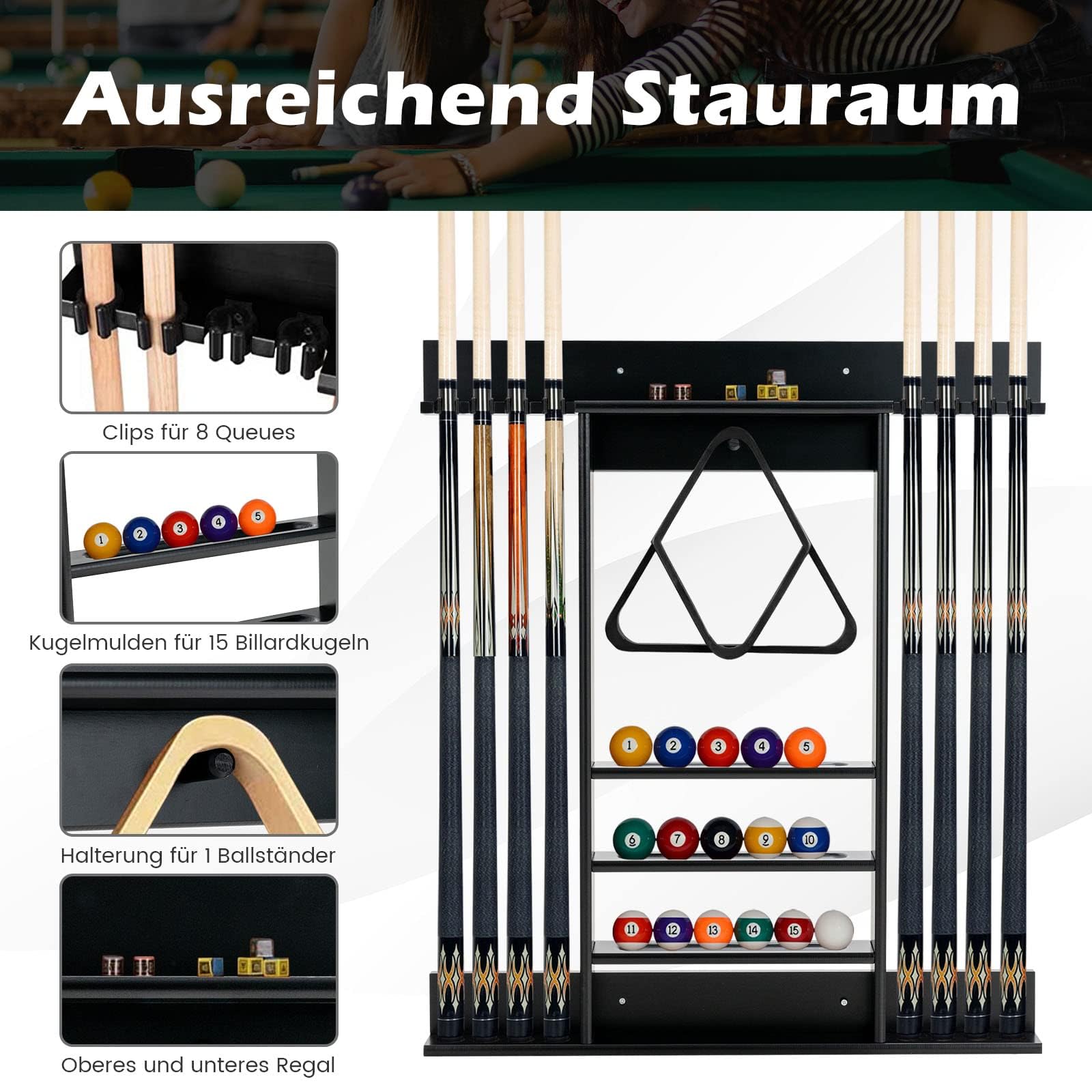FANTASK Billard Queue Halter für 8 Queues & Billardzubehör, Billardständer Wandmontage, 3-stufig Billardqueueständer für Bars Clubs Spielzimmer (Schwarz)