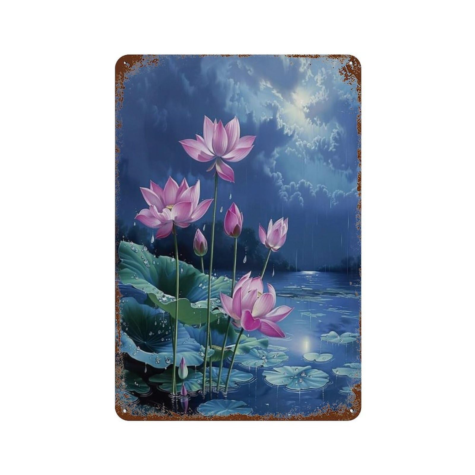 xiaoxiaoshen Still Life Lotus Plant Rain Wall Decor Art Metal Tin Poster Modern Home Decor Art Home Bar Shop Decorations Vintage Sign 30x20cm
