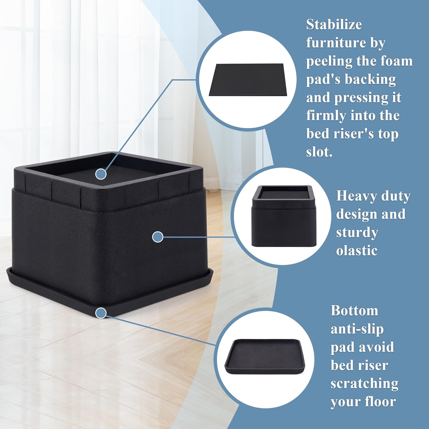 BTSD-home Bundle of 4 Pack Black 3 or 6 Inch Bed Risers and Bed Risers 2,3 or 4 Inch Heavy Duty 8 Pack Furniture Risers