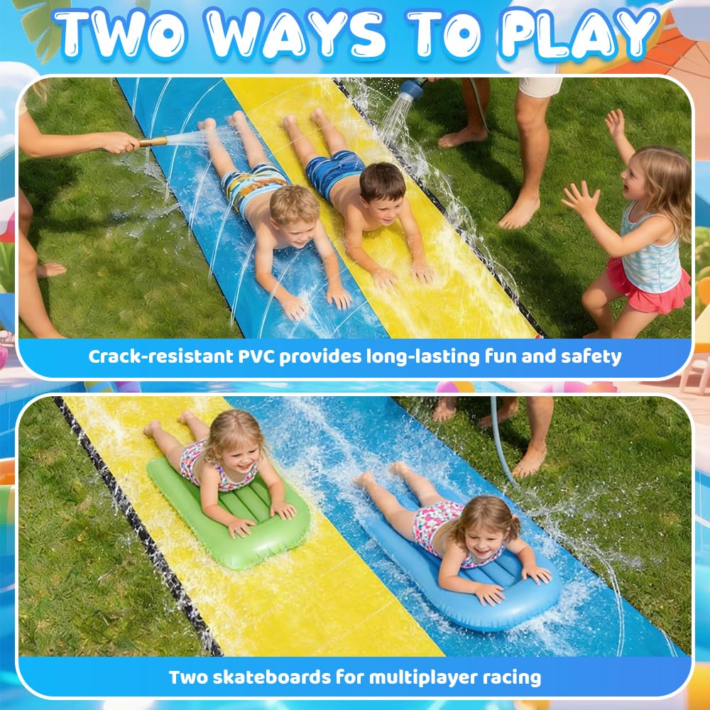 15.7ft/480cm Tapis de Glisse Eau, Double Tapis Glisse Eau avec 2 Planches, Tapis Glissant Eau avec Arroseur, Toboggan Aquatique pour Jardin, Activités Aquatiques