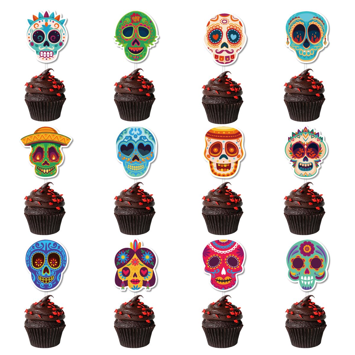 24 Pcs Day of The Dead Cupcake Toppers Decorations Dia De Los Muertos Cupcake Picks Skeleton Sugar Skull Mexican Fiesta Cake Topper for Halloween Party Supplies
