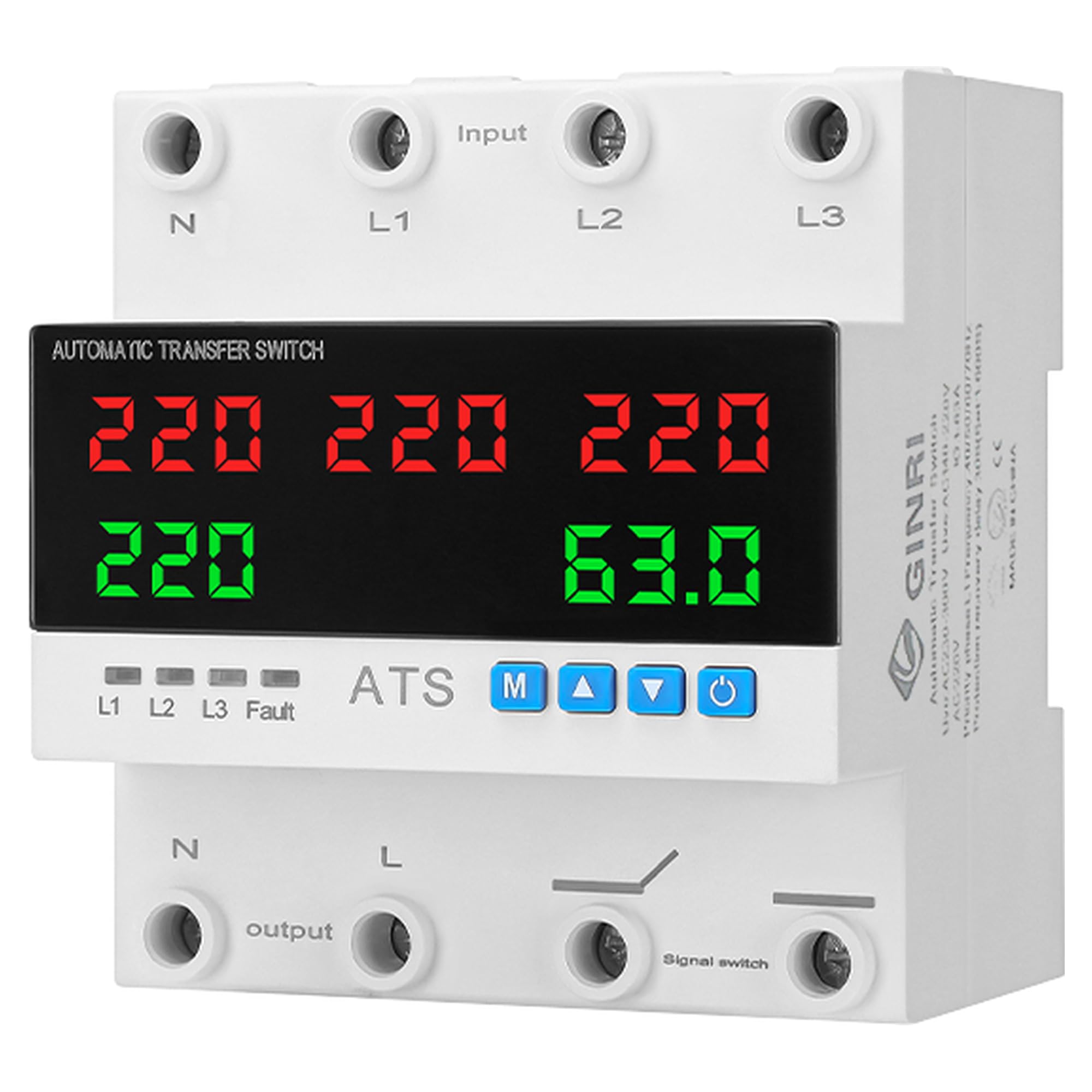Interruptor de Transferencia Automática Trifásico ATS Solar 63A con Protector de Voltaje y Límite de Sobrecorriente – Conmutador de Fases 3F para Red y Energía Solar