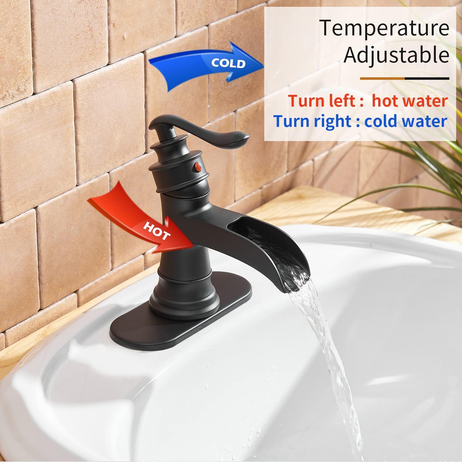 BWE Waterfall Bathroom Faucet Matte Black Bathroom Sink Faucet with Pop Up Drain Single Handle Deck Plate for 1 or 3 Hole Vanity Farmhouse Mixer Tap Fits All States, California 1.2 GPM Standard