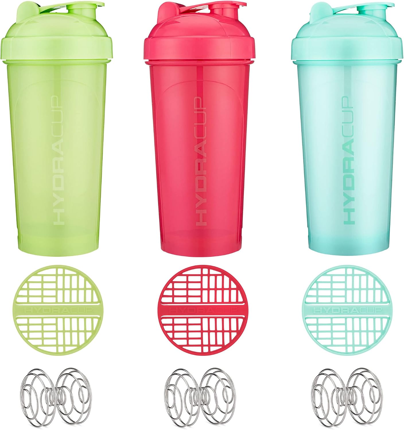 Hydra Cup | 6 Pack | Shaker Bottles for Protein Powder Shakes & Mixes, 28-Ounces (900ml), Six Colors, Wire Whisk & Mixing Grid, BPA Free Shaker Cup Blender Set