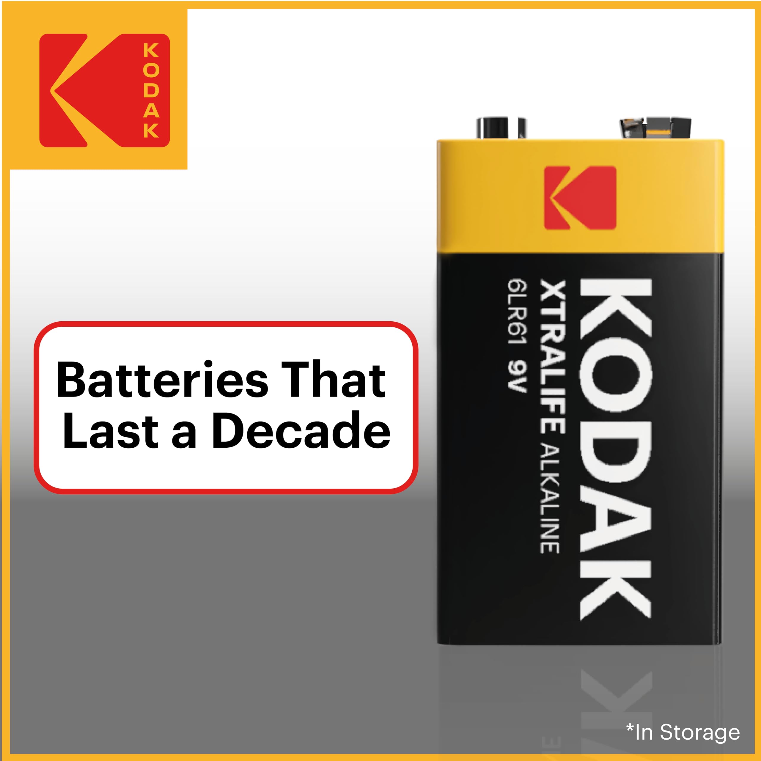 Kodak Xtralife 9V Batteries 10-Pack, Smoke Alarm Battery, PP3 for Fire Alarm, Square 6LR61 MN1604 Alkaline Batteries, 10-Year Shelf Life, 100% More Power — view 5