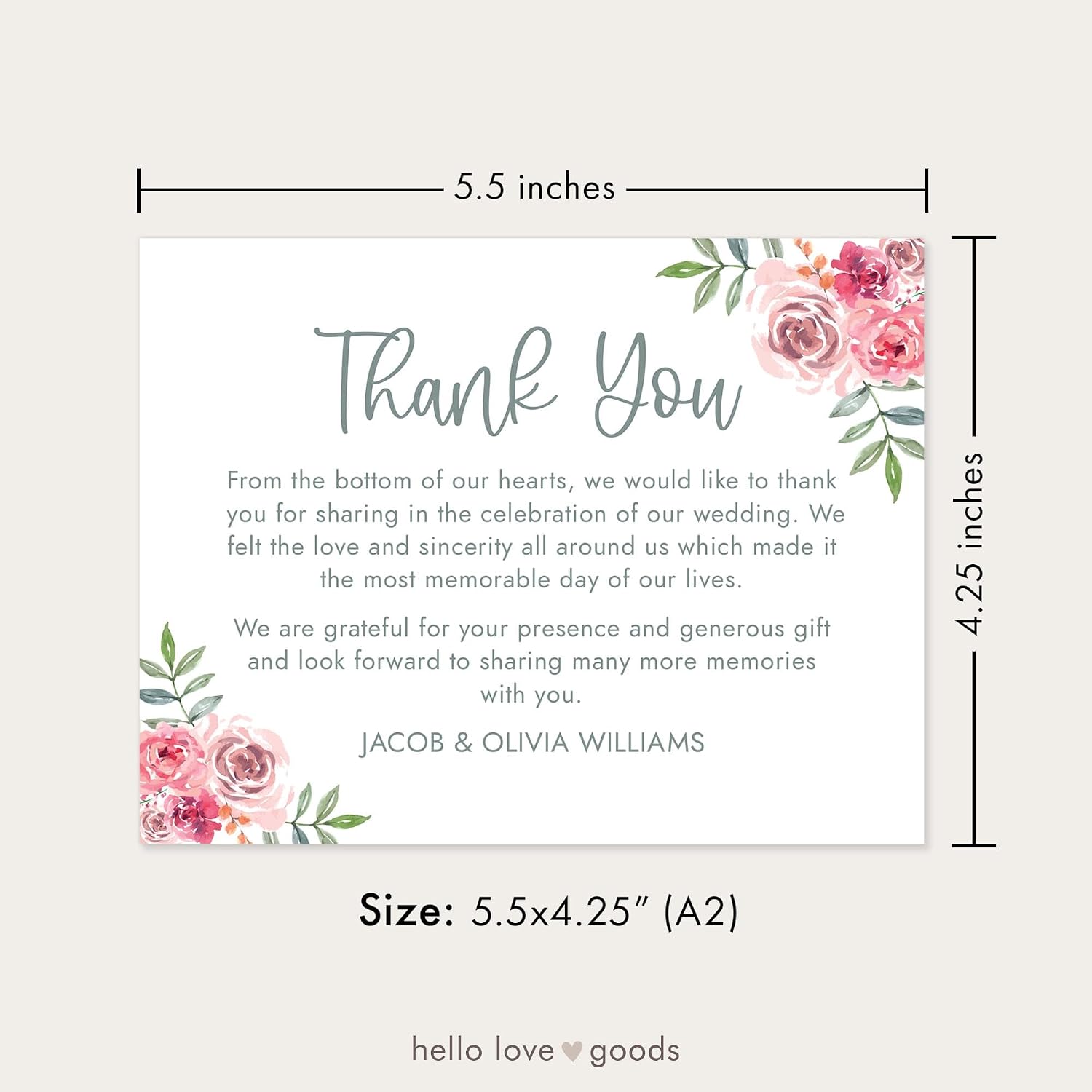 Personalized Wedding Thank You Cards with Envelopes, Flat 4.25 x 5.5 Custom Thank You Notes, Dusty Pink & Fuchsia Floral Wedding Thank You Cards (Dusty Pink & Fuchsia)