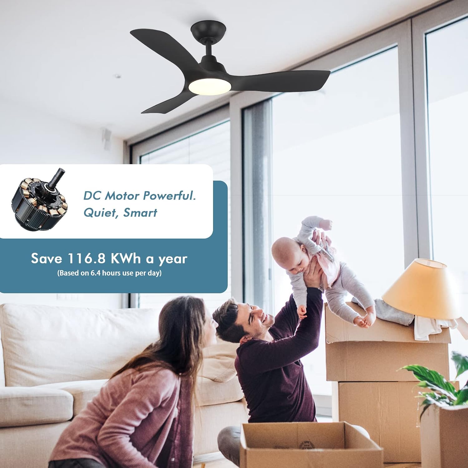 warmiplanet Ceiling Fan with Lights Remote Control, 42-Inch, Silent DC Motor, 6 Speed, Dimmable LED Light, Black, 3-Blades…