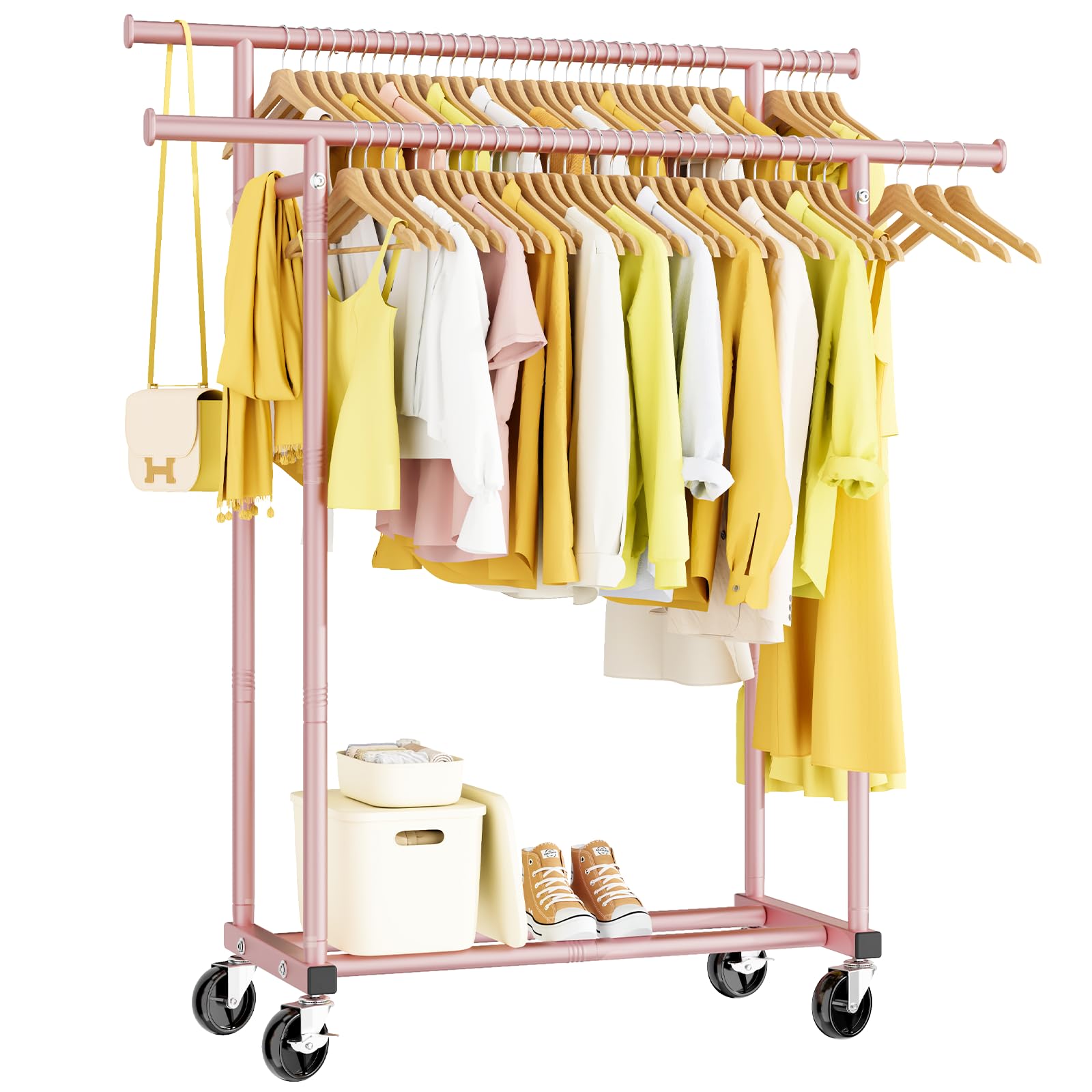 Double Rods Clothes Rack, Sturdy Rolling Clothing Rack, Portable Clothing Racks for Hanging Clothes - Metal Garment Rack Wardrobe Coat Rack for Bedroom Laundry Living Room, Pink