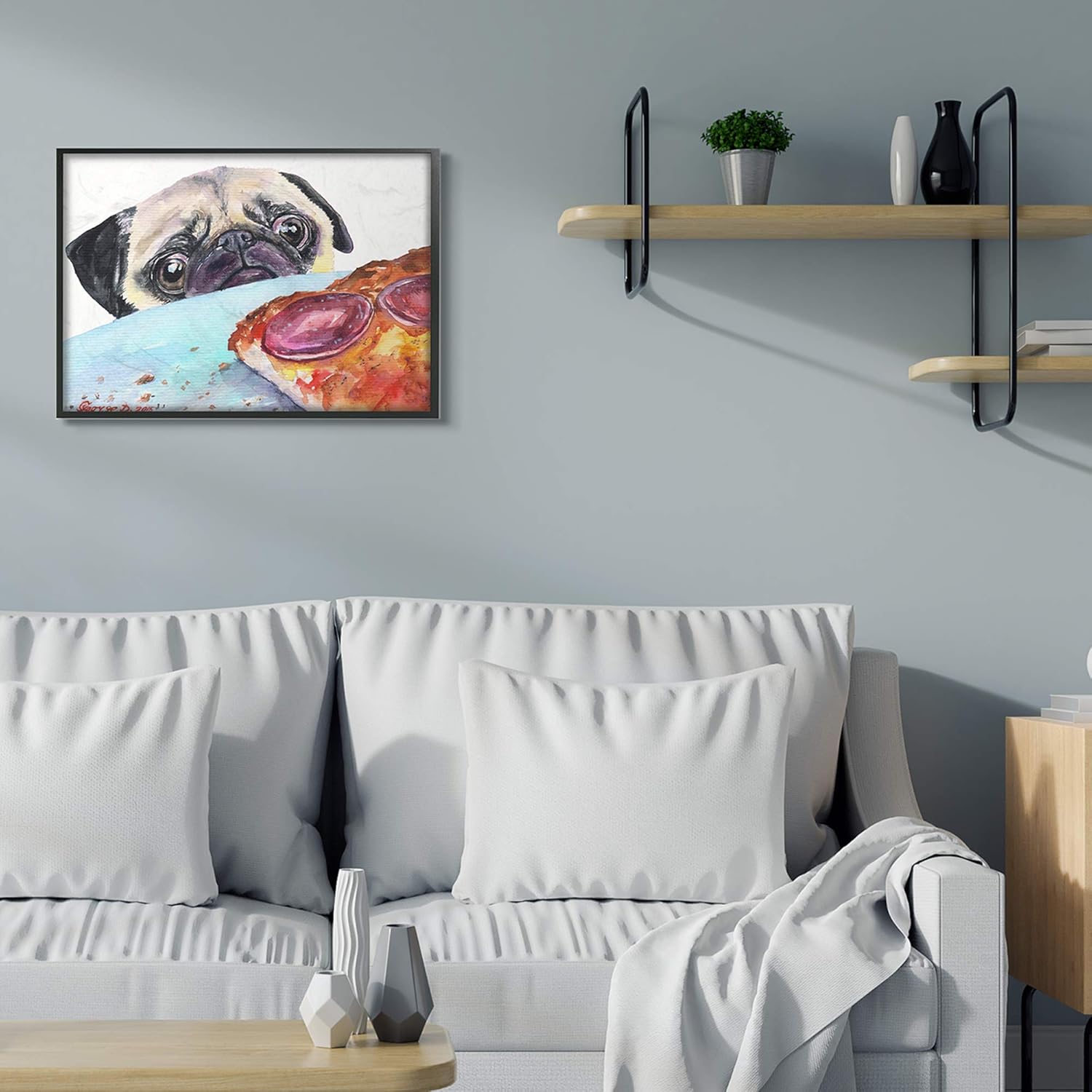 Stupell Industries Hungry Pug and Pizza Humorous Pet Dog Portrait