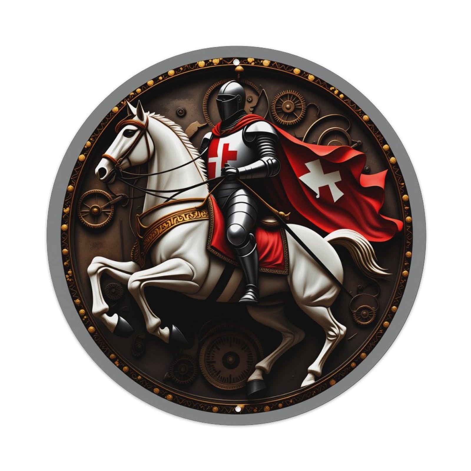 Wmlzdnwr Vintage Knight On Horse With Red Cross Flag And Mechanical Background Round Tin Sign,Retro Wall Art,Metal Poster For Home, Bar, Garage, Cafe, Rustic Indoor & Outdoor Decor, 8X8 Inches