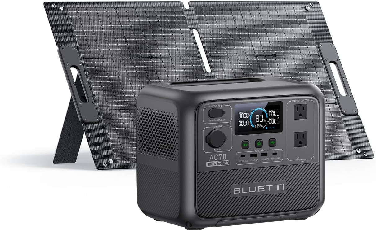 AC70 Solar Generator with 100W Solar Panel (Ships Separately), 768Wh Portable Power Station with 2 1000W (Power Lifting 2000W) AC Outlets, 0-80% in 45 Min, LFP Backup Power for Camping, Trip