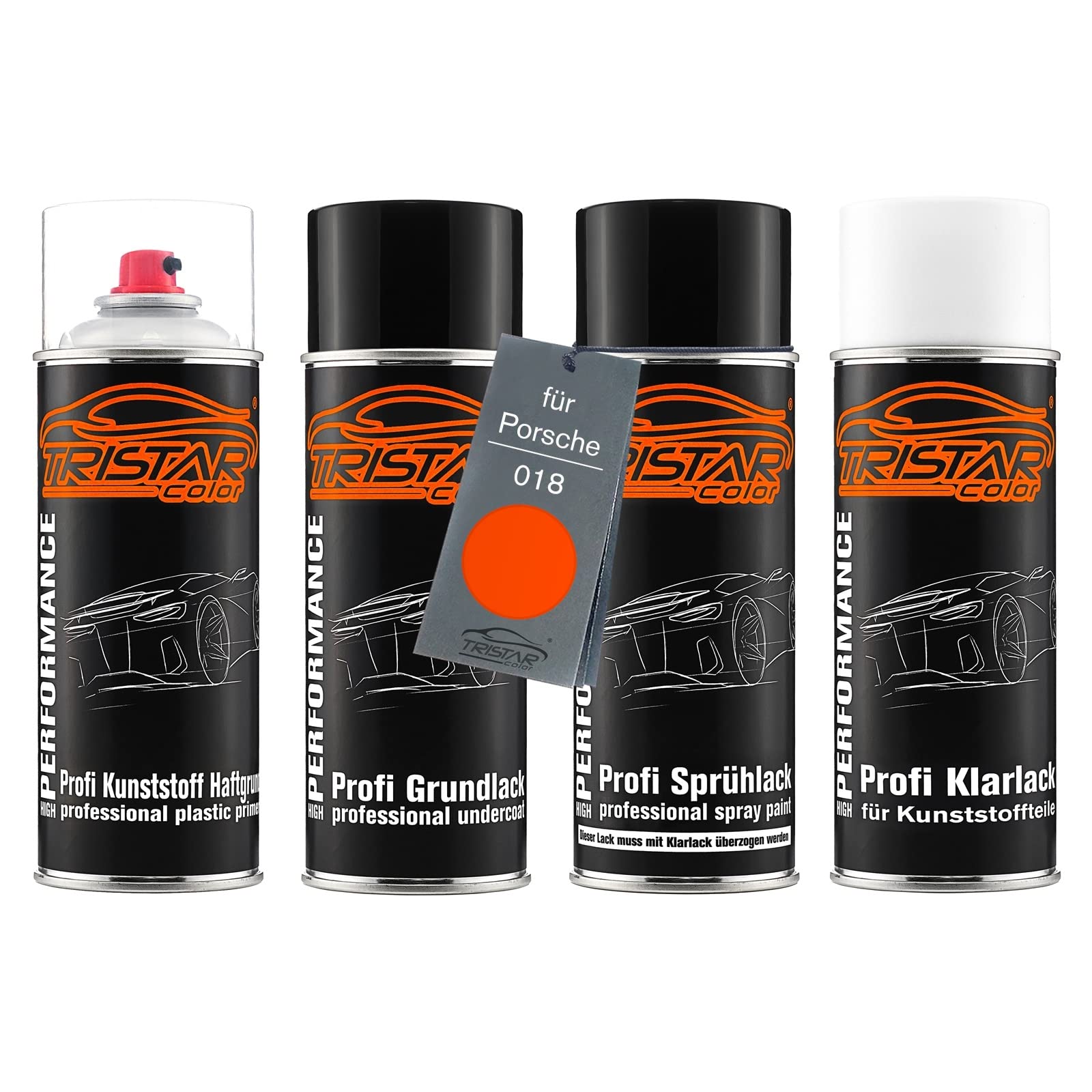 TRISTARcolor Zestaw w sprayu Lakier samochodowy do tworzywa sztucznego dla Porsche 018 Blutorange podkladu przyczepnego lakieru bazowego lakieru bezbarwnego z miekkim dodatkiem