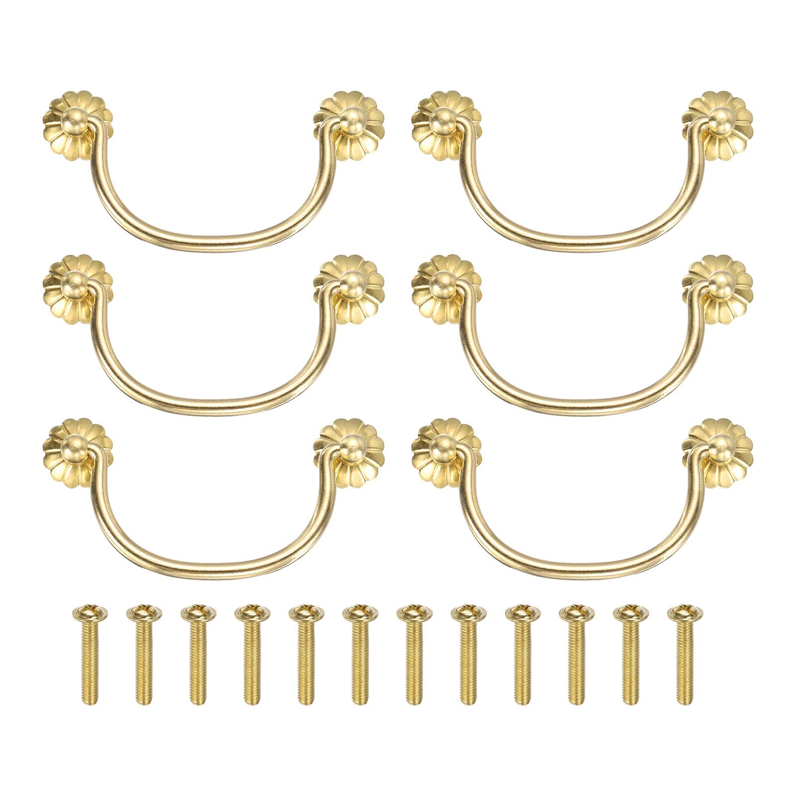 sourcing map 6Pcs 3.54 Inch Brass Drawer Pulls and Knobs with Double Mounting Holes, Vintage Ring Drawer Pulls with Screws Flower Shape for Cabinet Dresser Closet Cupboard, Gold Tone