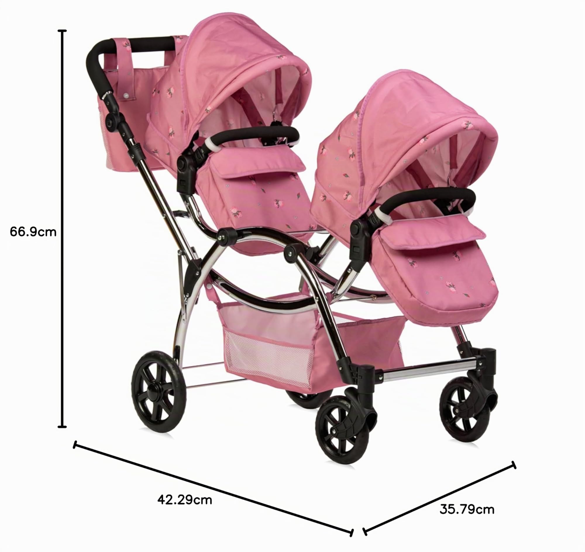 Roma Darcie Zwillingspuppenwagen in Rosa, Geeignet von 3 bis 16 Jahren, Verstellbare Griffhöhe, 16 Kombinationen, Doppel-Puppenwagen